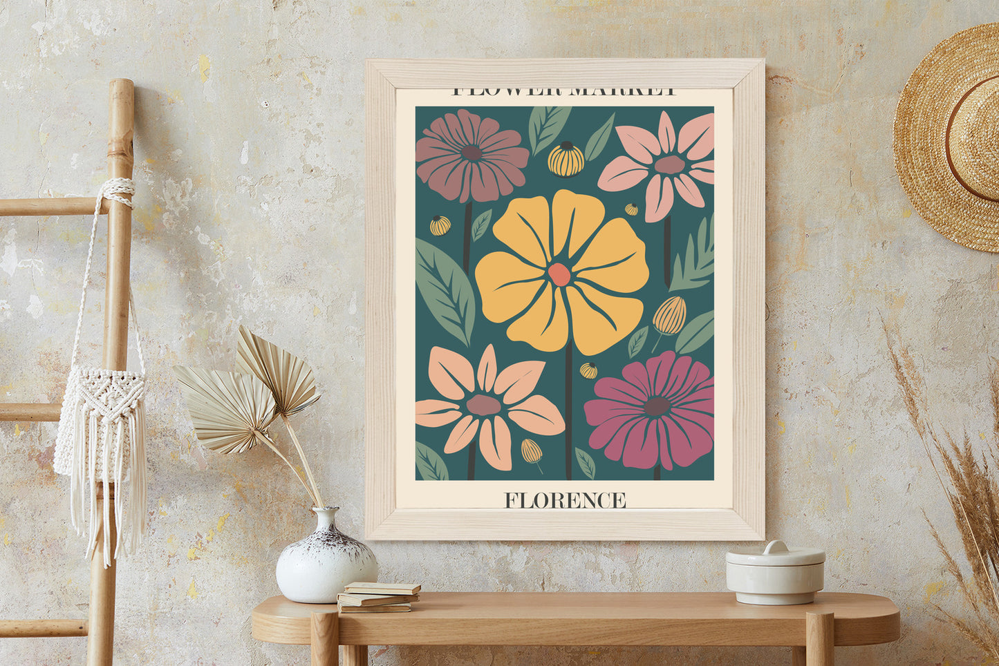 Poster Blumenmarkt In Florenz Rahmen Holz Mit Passepartout Farbe Natürlich