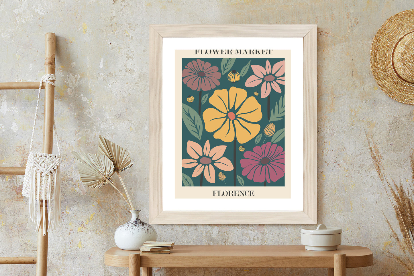 Poster Blumenmarkt In Florenz Rahmen Holz Mit Passepartout Farbe Natürlich