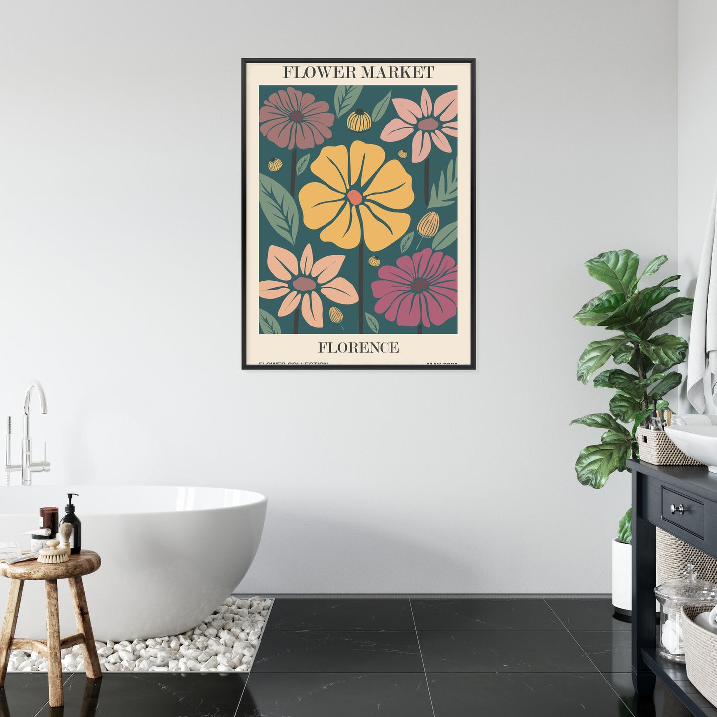 Poster Blumenmarkt In Florenz Rahmen Holz Mit Passepartout Farbe Natürlich