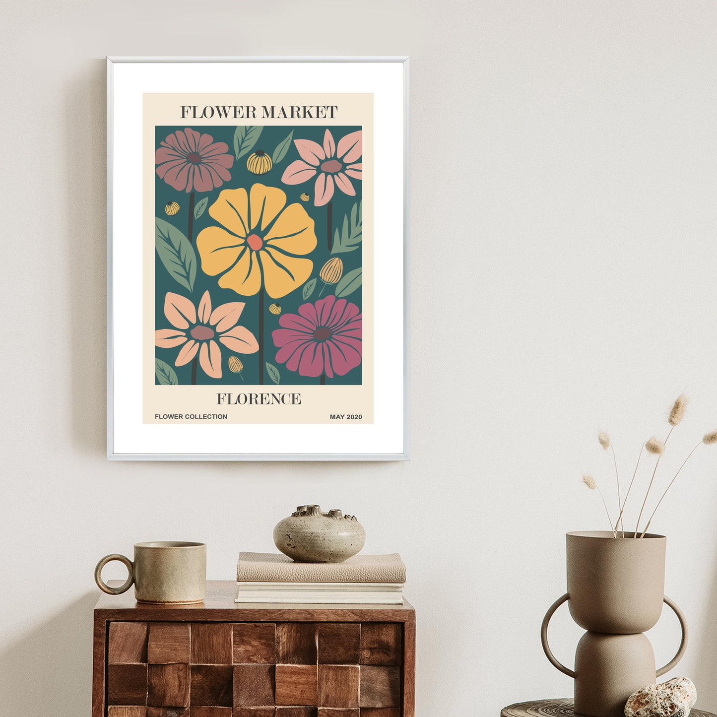 Poster Blumenmarkt In Florenz Rahmen Holz Mit Passepartout Farbe Natürlich