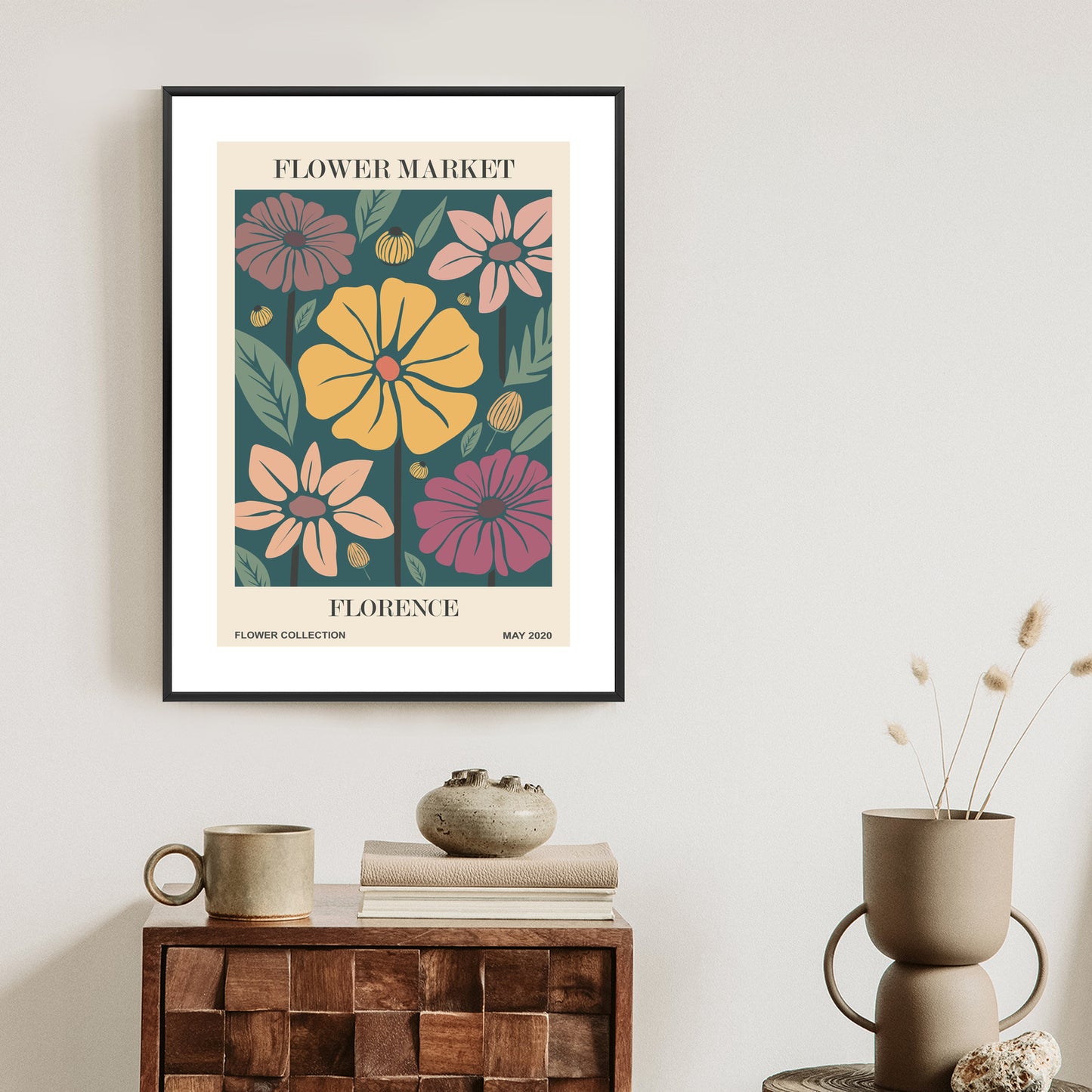 Poster Blumenmarkt In Florenz Rahmen Holz Mit Passepartout Farbe Natürlich
