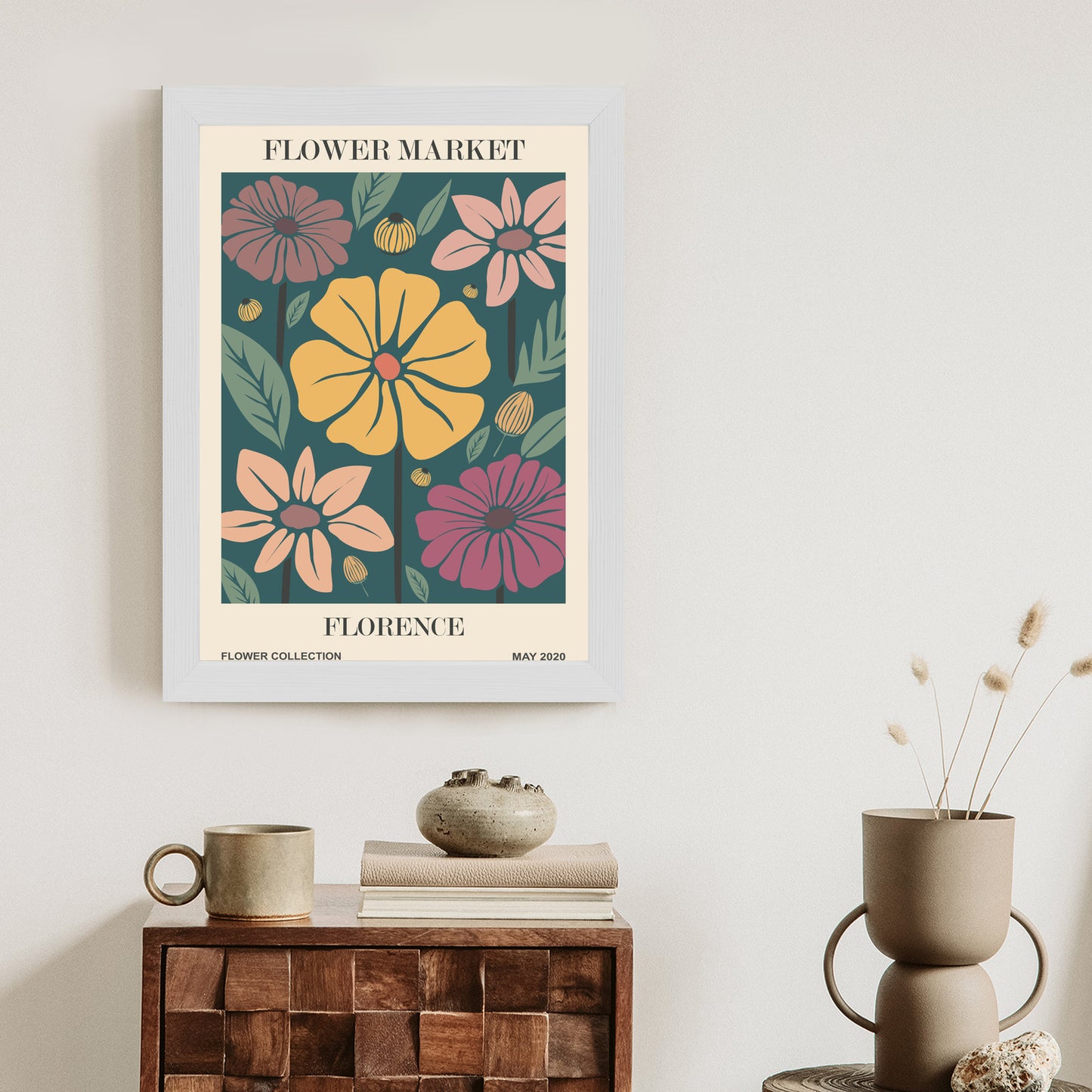 Poster Blumenmarkt In Florenz Rahmen Holz Mit Passepartout Farbe Natürlich