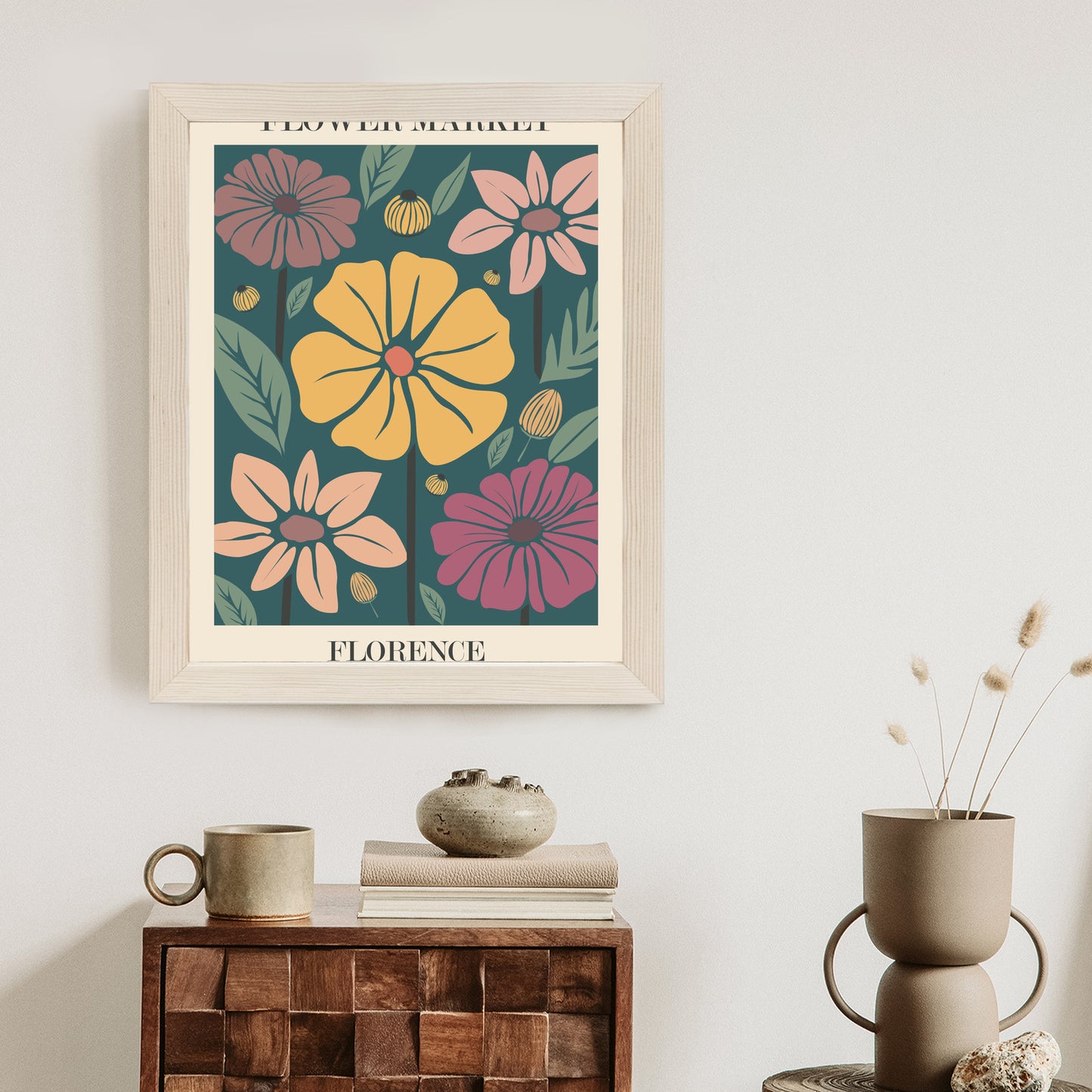 Poster Blumenmarkt In Florenz Rahmen Holz Mit Passepartout Farbe Natürlich