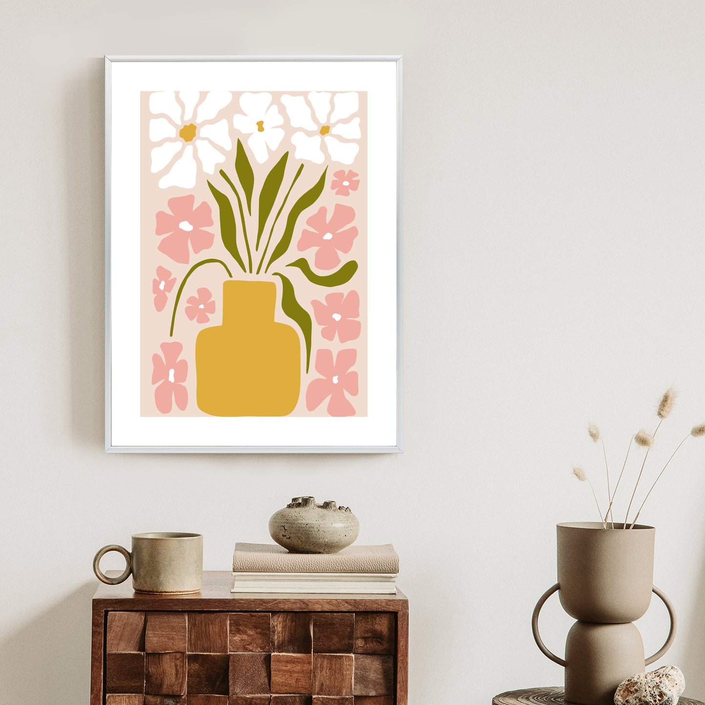 Poster Moderne Vase Mit Blumen Rahmen Holz Mit Passepartout Farbe Natürlich