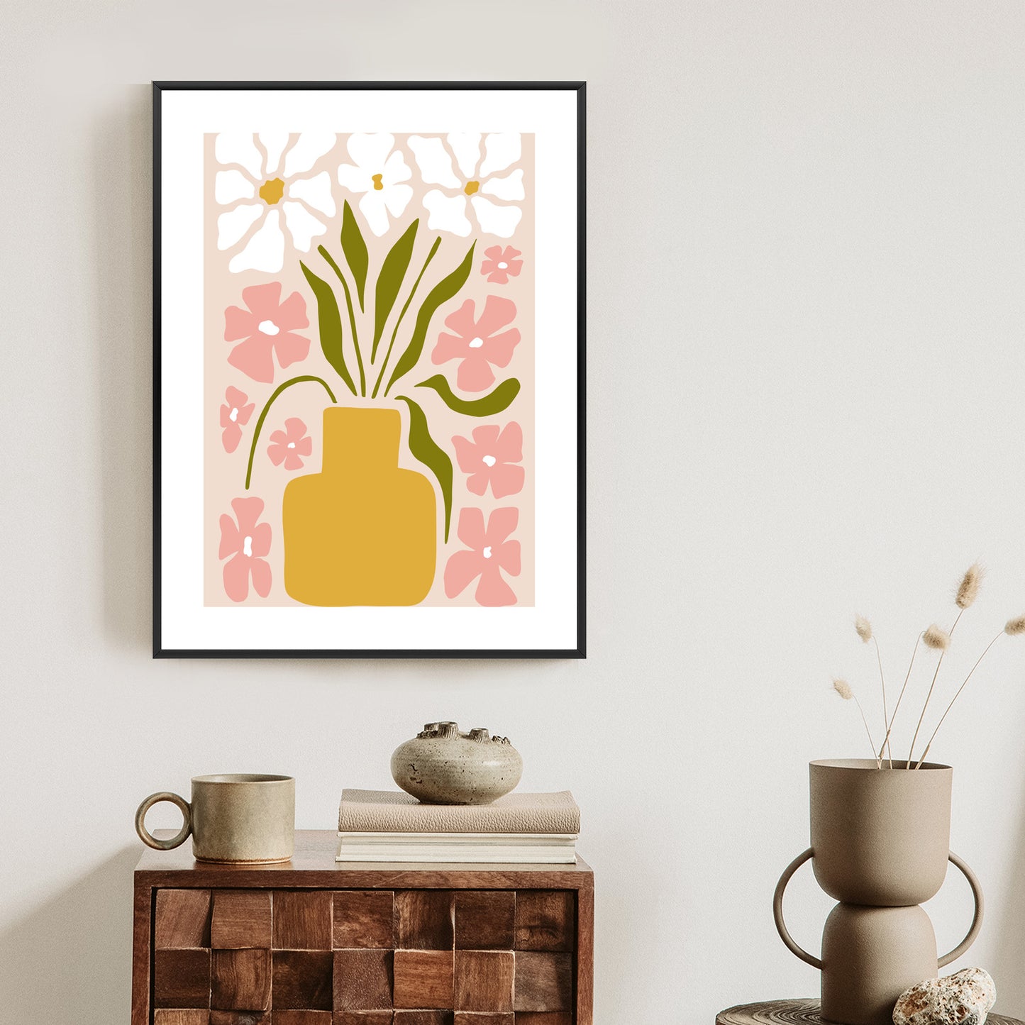 Poster Moderne Vase Mit Blumen Rahmen Holz Mit Passepartout Farbe Natürlich