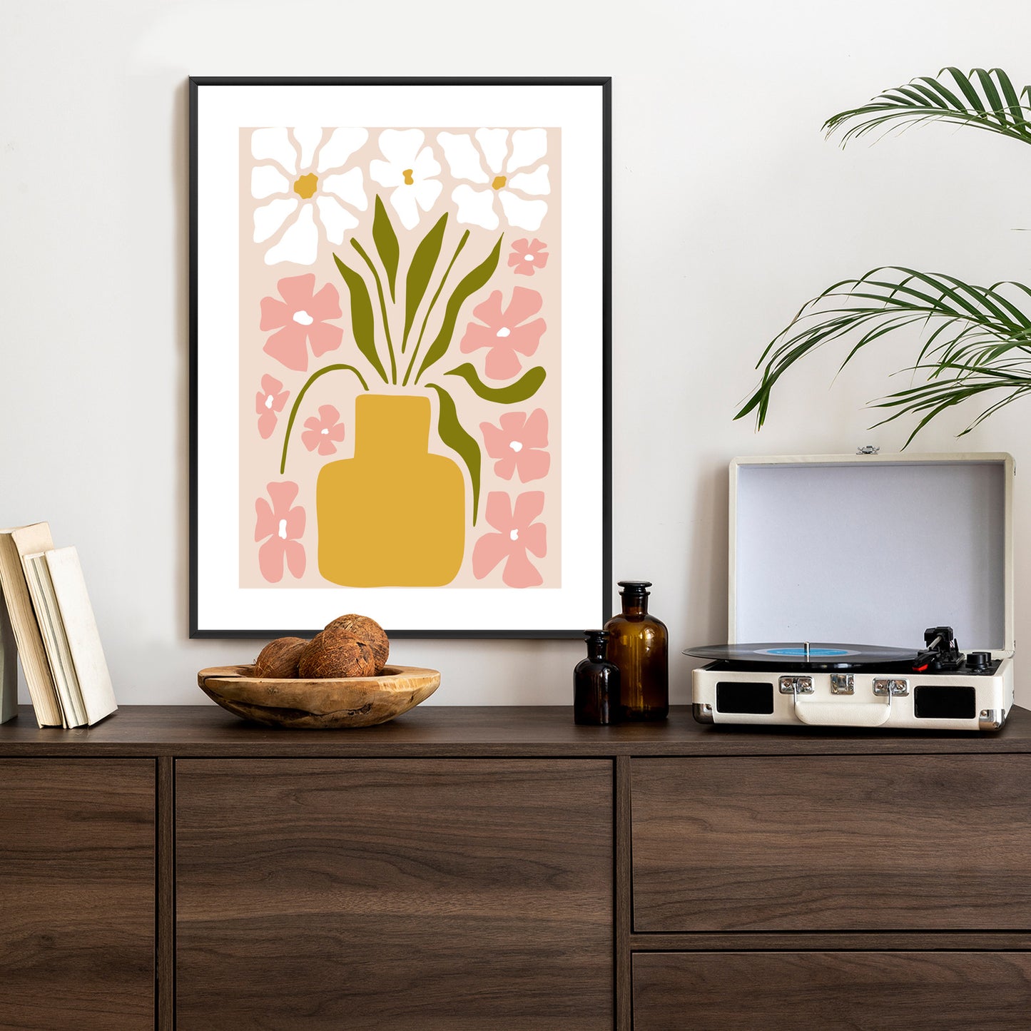 Poster Moderne Vase Mit Blumen Rahmen Holz Mit Passepartout Farbe Natürlich