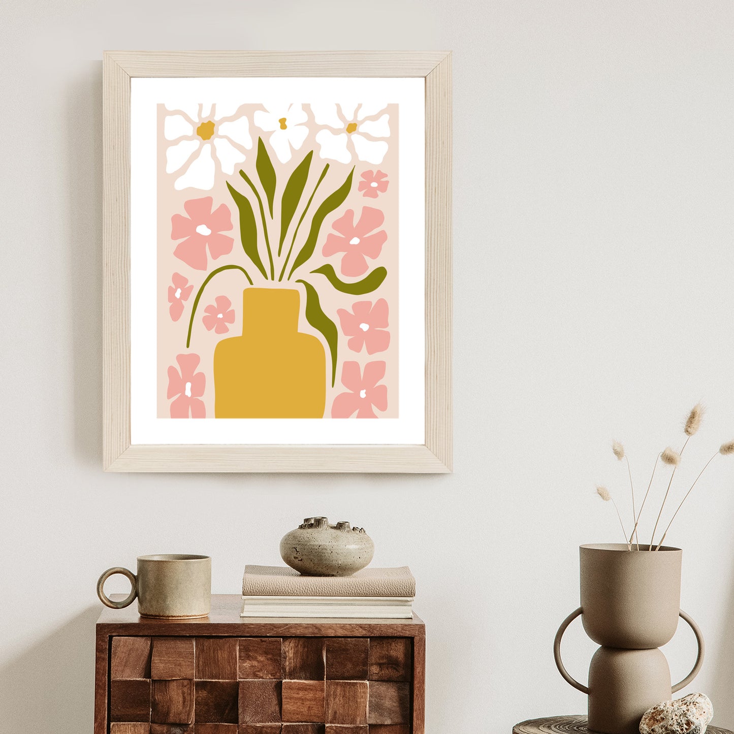 Poster Moderne Vase Mit Blumen Rahmen Holz Mit Passepartout Farbe Natürlich