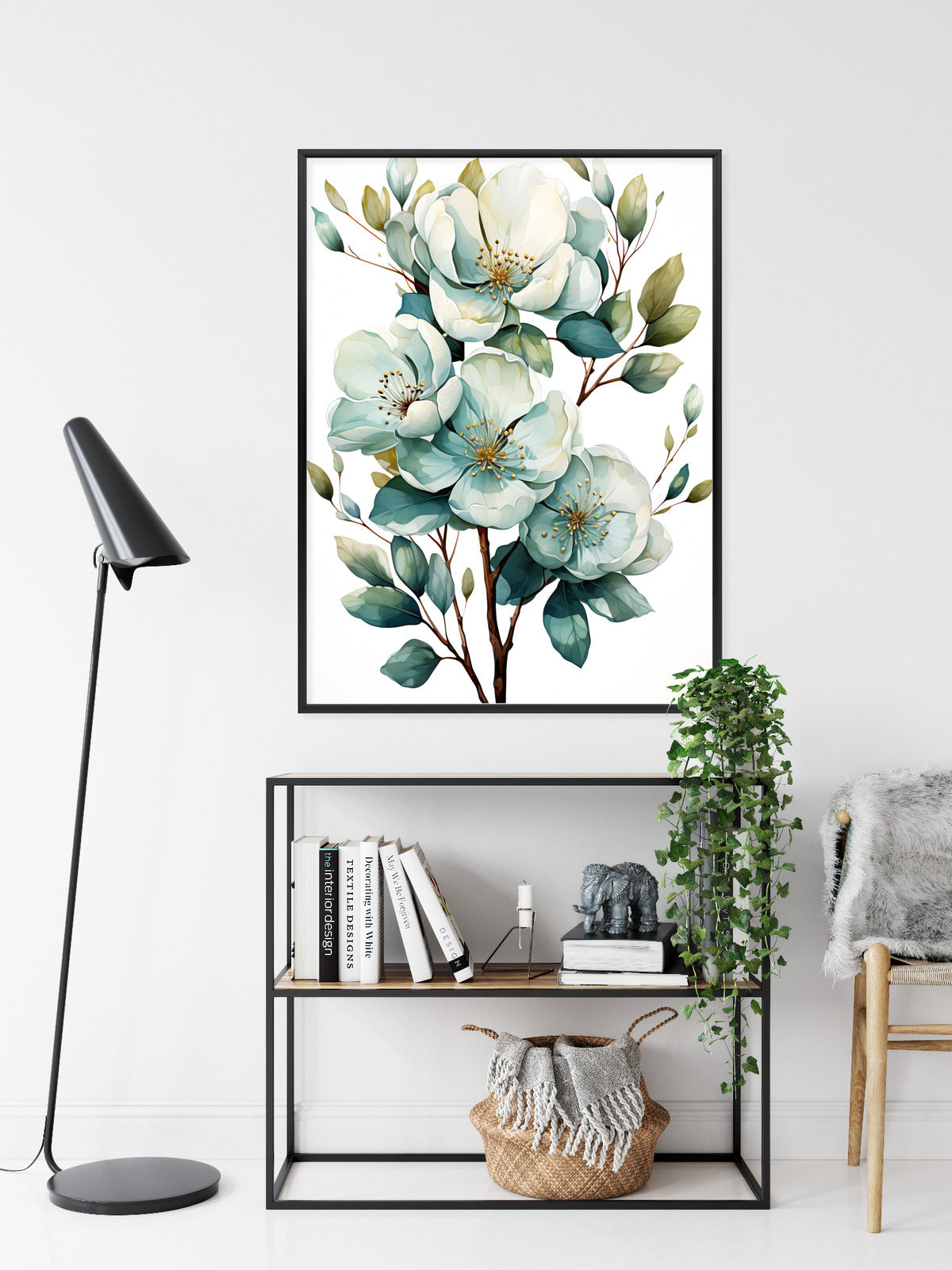 Poster Ein Strauß Weißer Blumen Rahmen Holz Mit Passepartout Farbe Natürlich