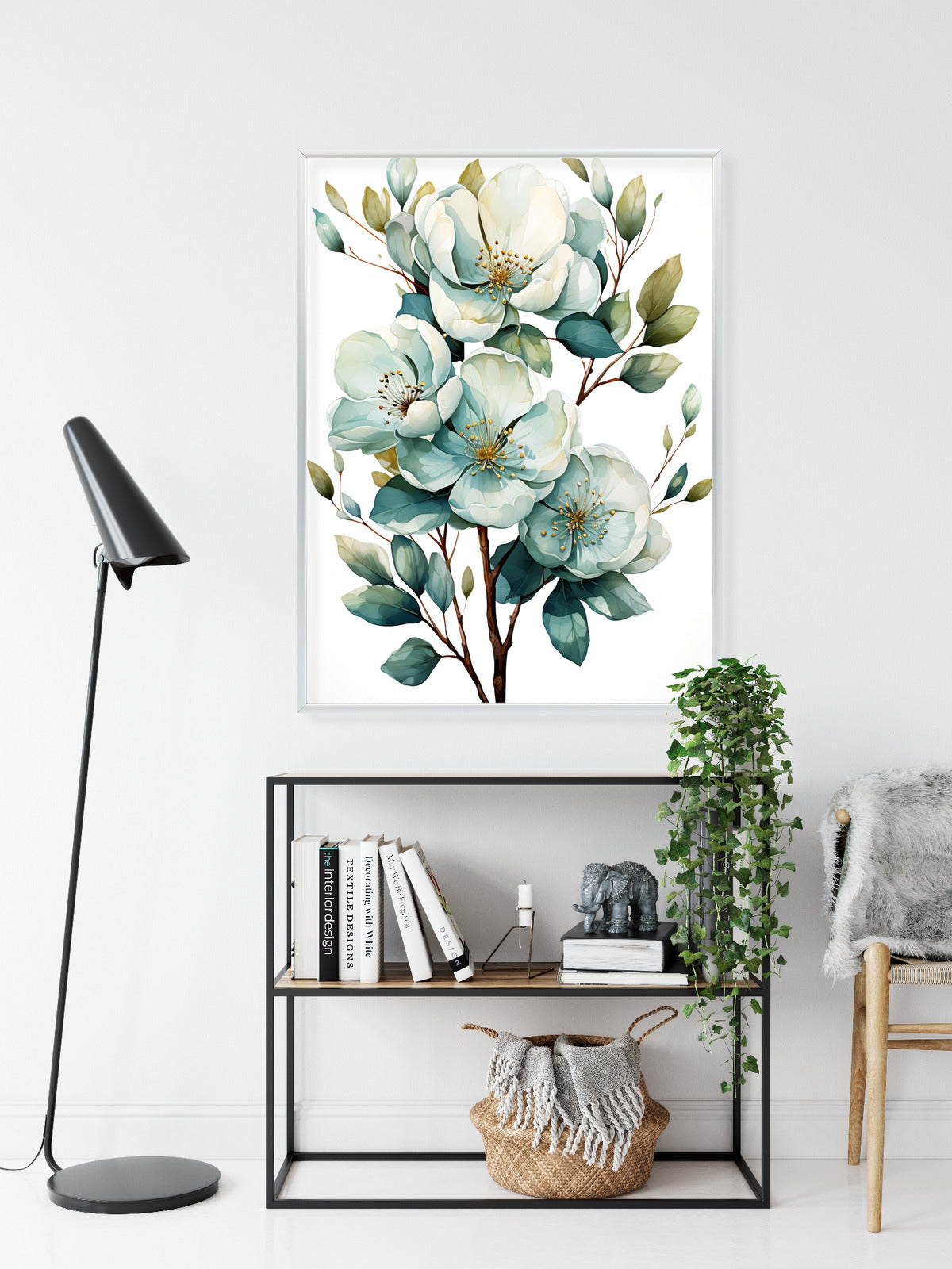 Poster Ein Strauß Weißer Blumen Rahmen Holz Mit Passepartout Farbe Natürlich