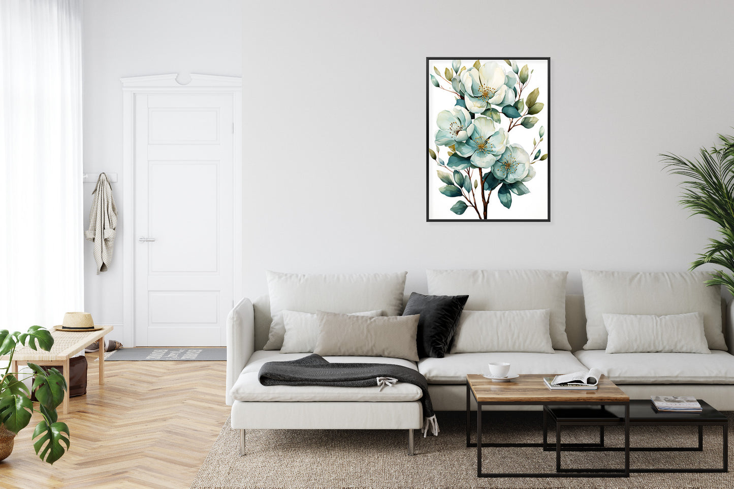Poster Ein Strauß Weißer Blumen Rahmen Holz Mit Passepartout Farbe Natürlich