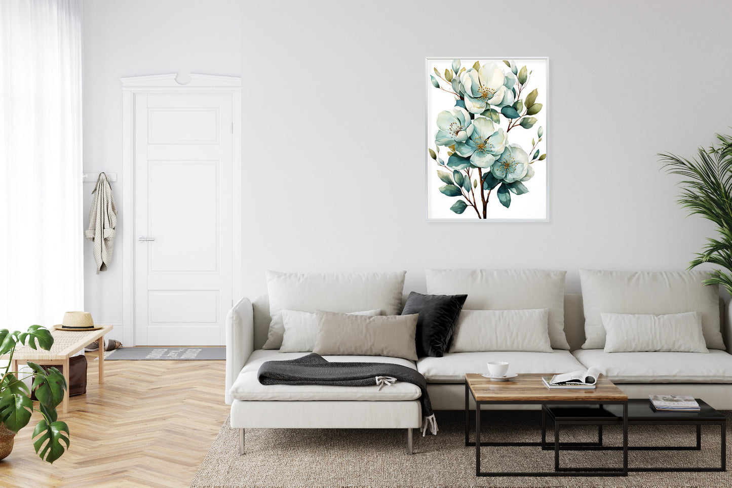 Poster Ein Strauß Weißer Blumen Rahmen Holz Mit Passepartout Farbe Natürlich