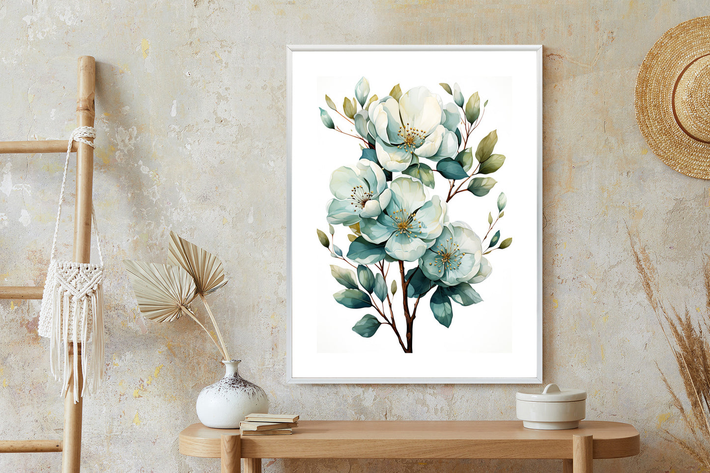 Poster Ein Strauß Weißer Blumen Rahmen Holz Mit Passepartout Farbe Natürlich