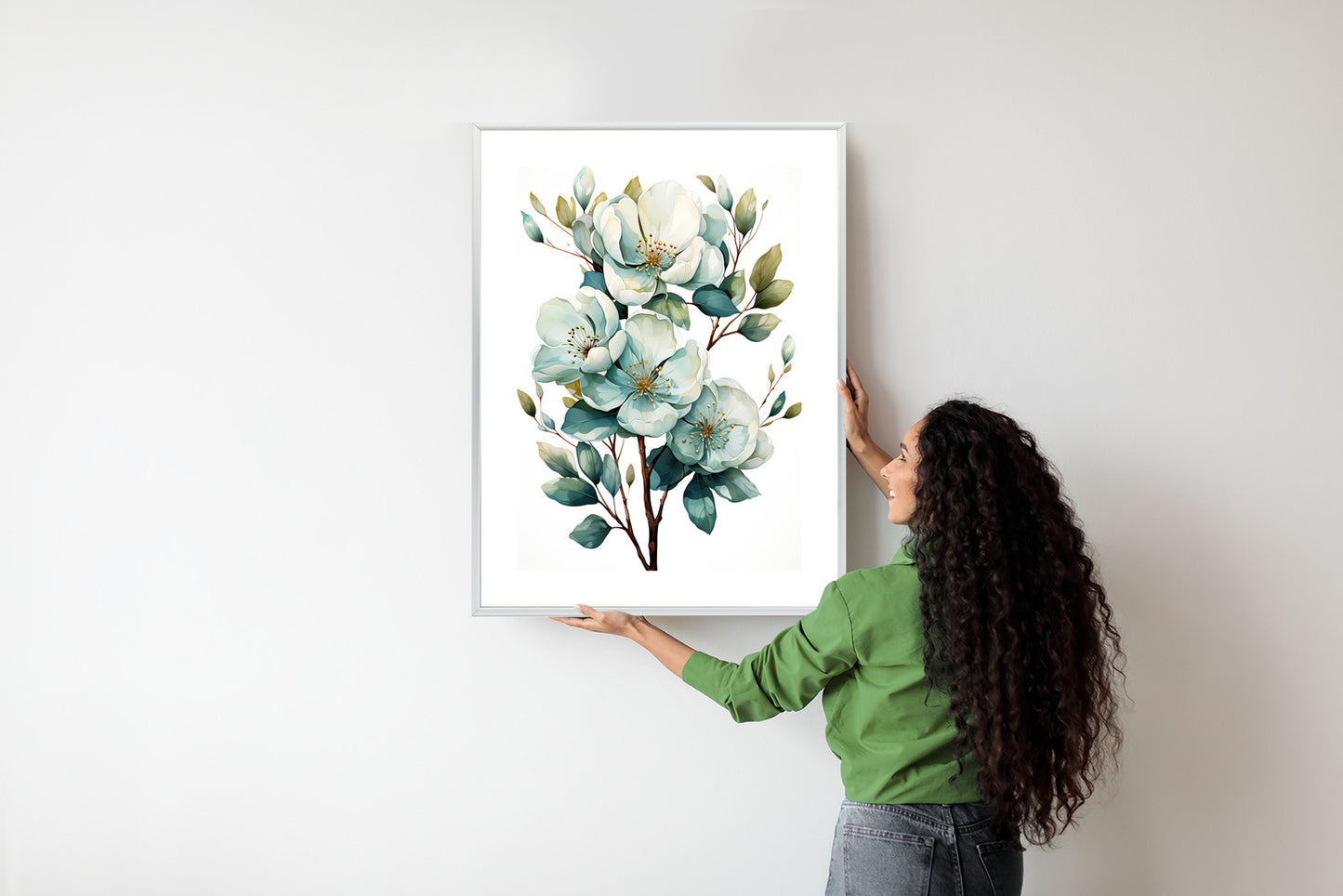 Poster Ein Strauß Weißer Blumen Rahmen Holz Mit Passepartout Farbe Natürlich