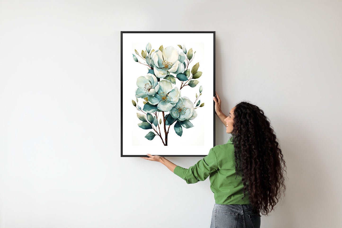 Poster Ein Strauß Weißer Blumen Rahmen Holz Mit Passepartout Farbe Natürlich
