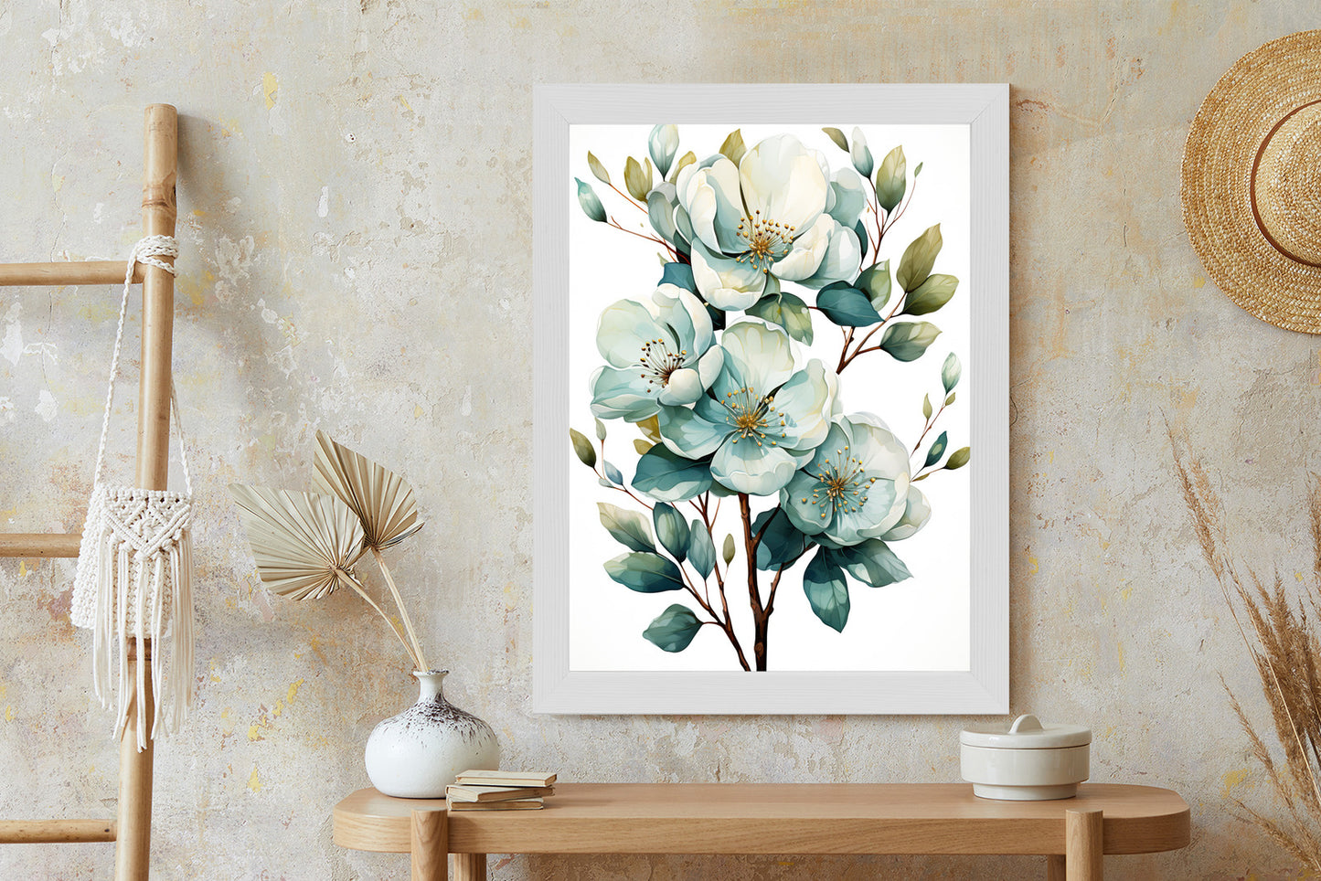 Poster Ein Strauß Weißer Blumen Rahmen Holz Mit Passepartout Farbe Natürlich