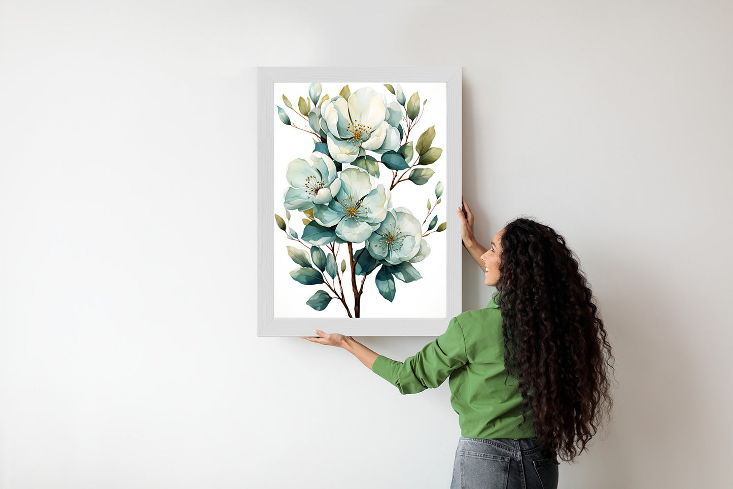 Poster Ein Strauß Weißer Blumen Rahmen Holz Mit Passepartout Farbe Natürlich