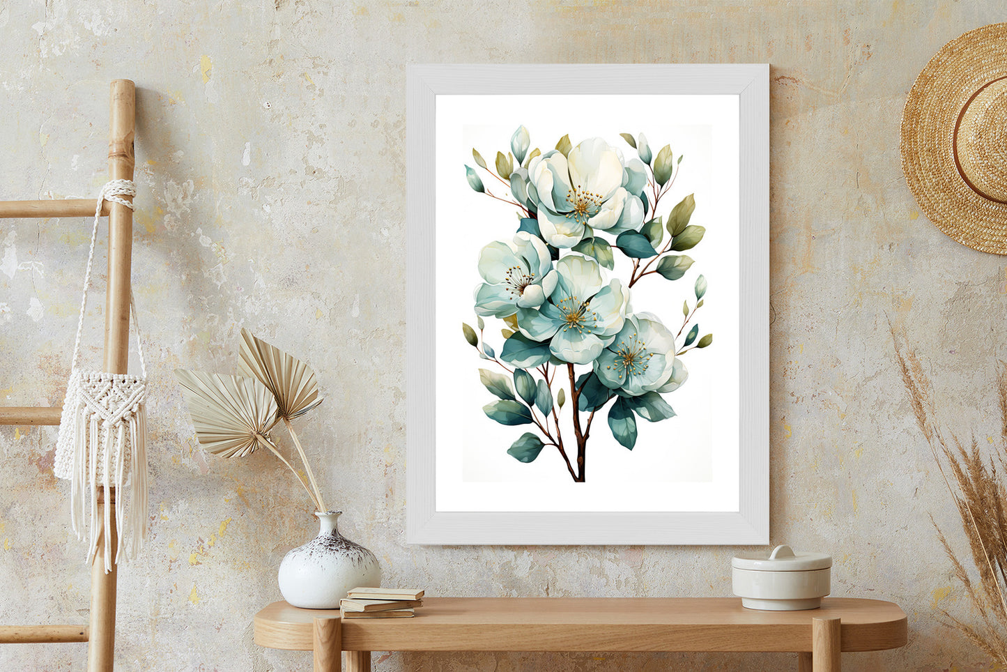 Poster Ein Strauß Weißer Blumen Rahmen Holz Mit Passepartout Farbe Natürlich