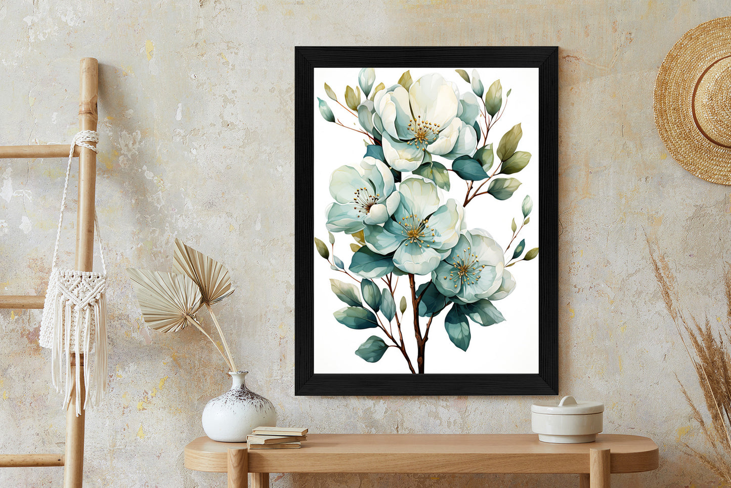 Poster Ein Strauß Weißer Blumen Rahmen Holz Mit Passepartout Farbe Natürlich