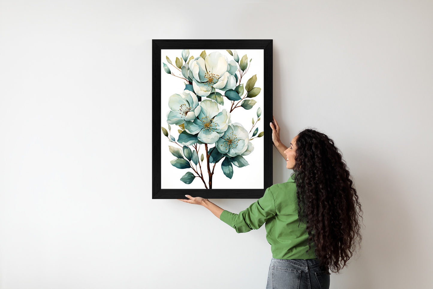 Poster Ein Strauß Weißer Blumen Rahmen Holz Mit Passepartout Farbe Natürlich