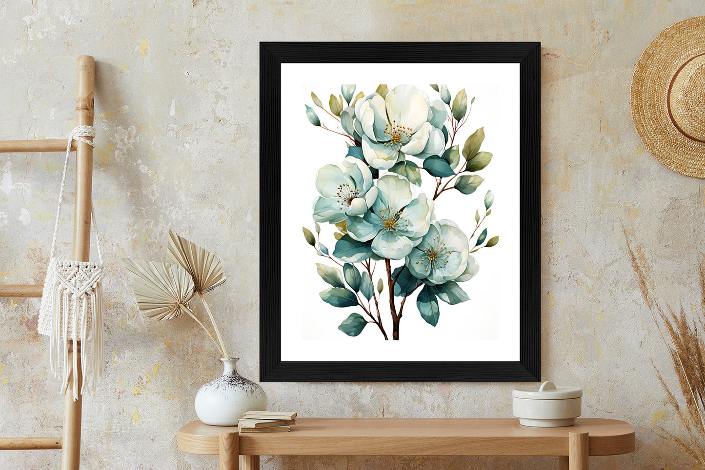 Poster Ein Strauß Weißer Blumen Rahmen Holz Mit Passepartout Farbe Natürlich