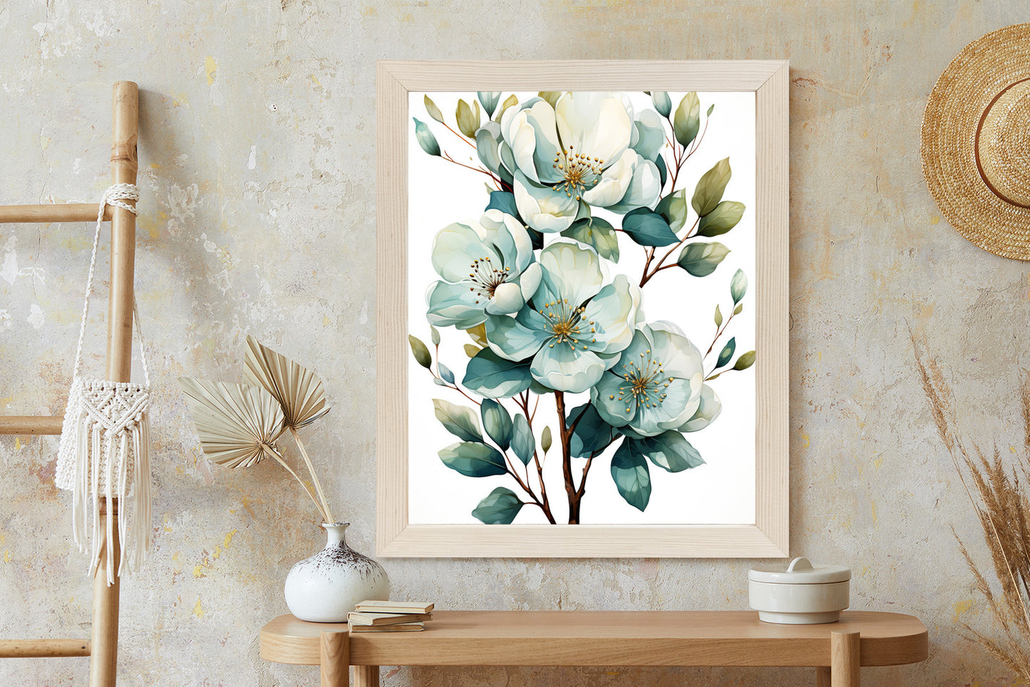 Poster Ein Strauß Weißer Blumen Rahmen Holz Mit Passepartout Farbe Natürlich
