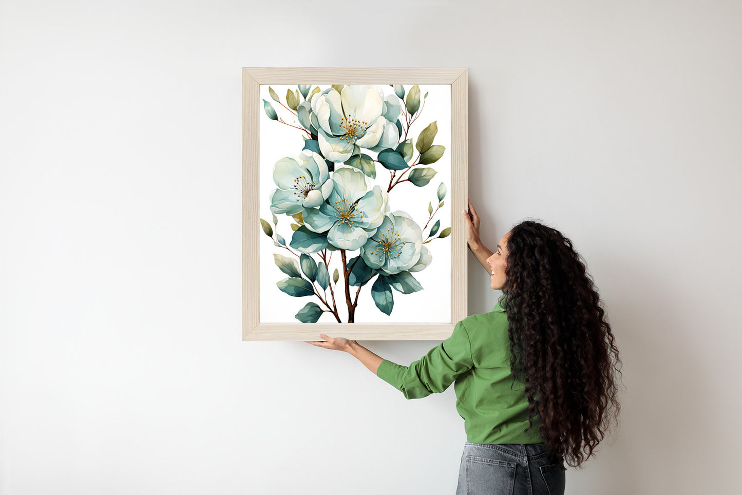 Poster Ein Strauß Weißer Blumen Rahmen Holz Mit Passepartout Farbe Natürlich