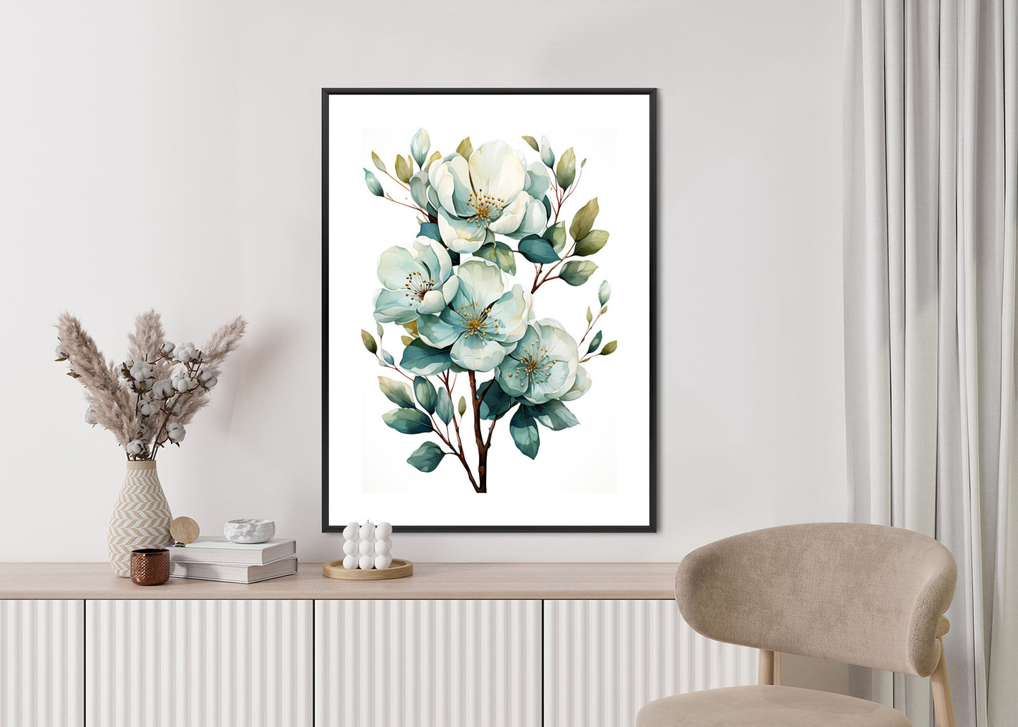 Poster Ein Strauß Weißer Blumen Rahmen Holz Mit Passepartout Farbe Natürlich