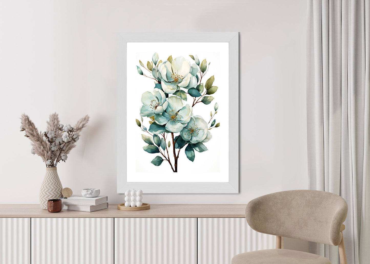 Poster Ein Strauß Weißer Blumen Rahmen Holz Mit Passepartout Farbe Natürlich