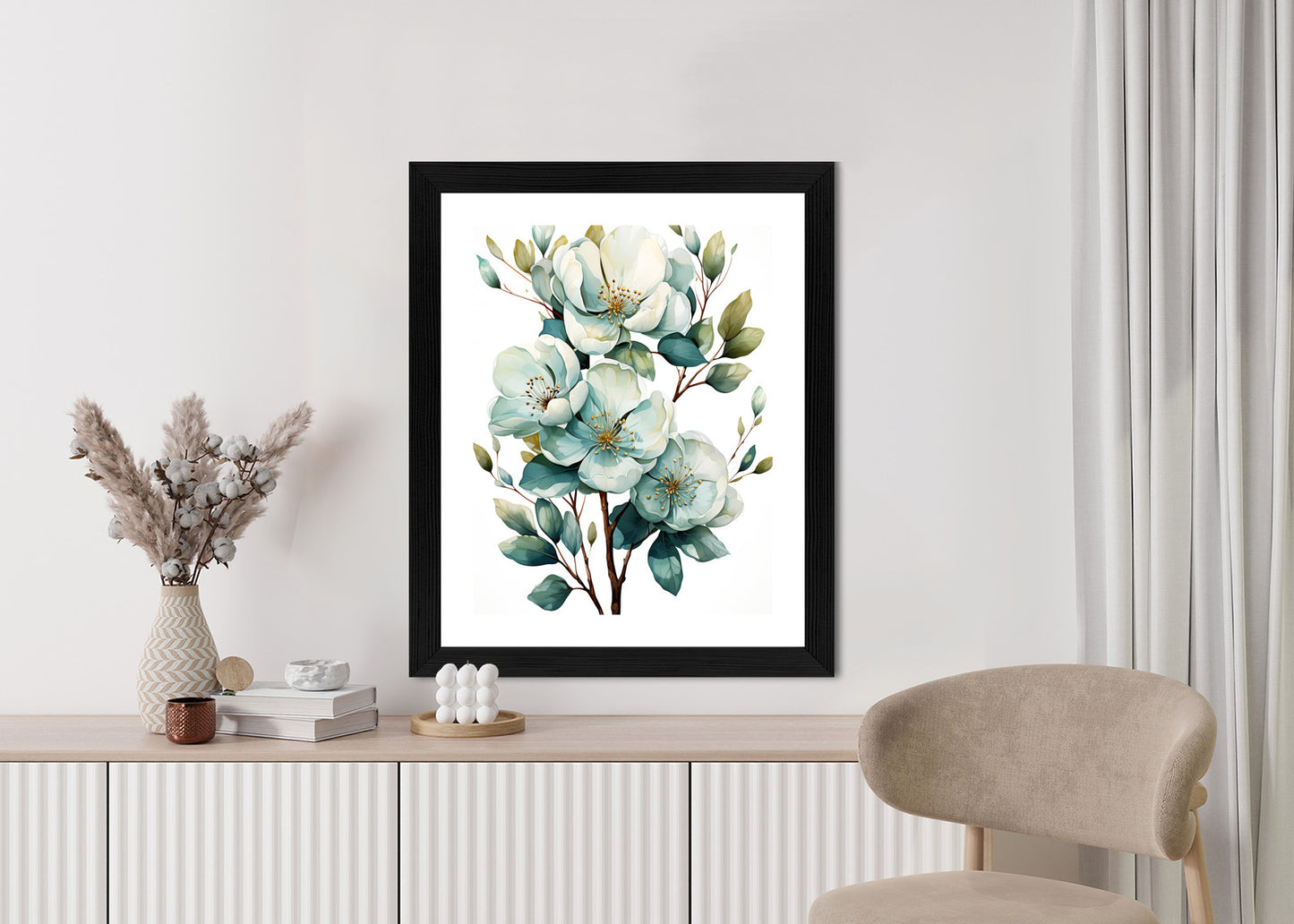 Poster Ein Strauß Weißer Blumen Rahmen Holz Mit Passepartout Farbe Natürlich