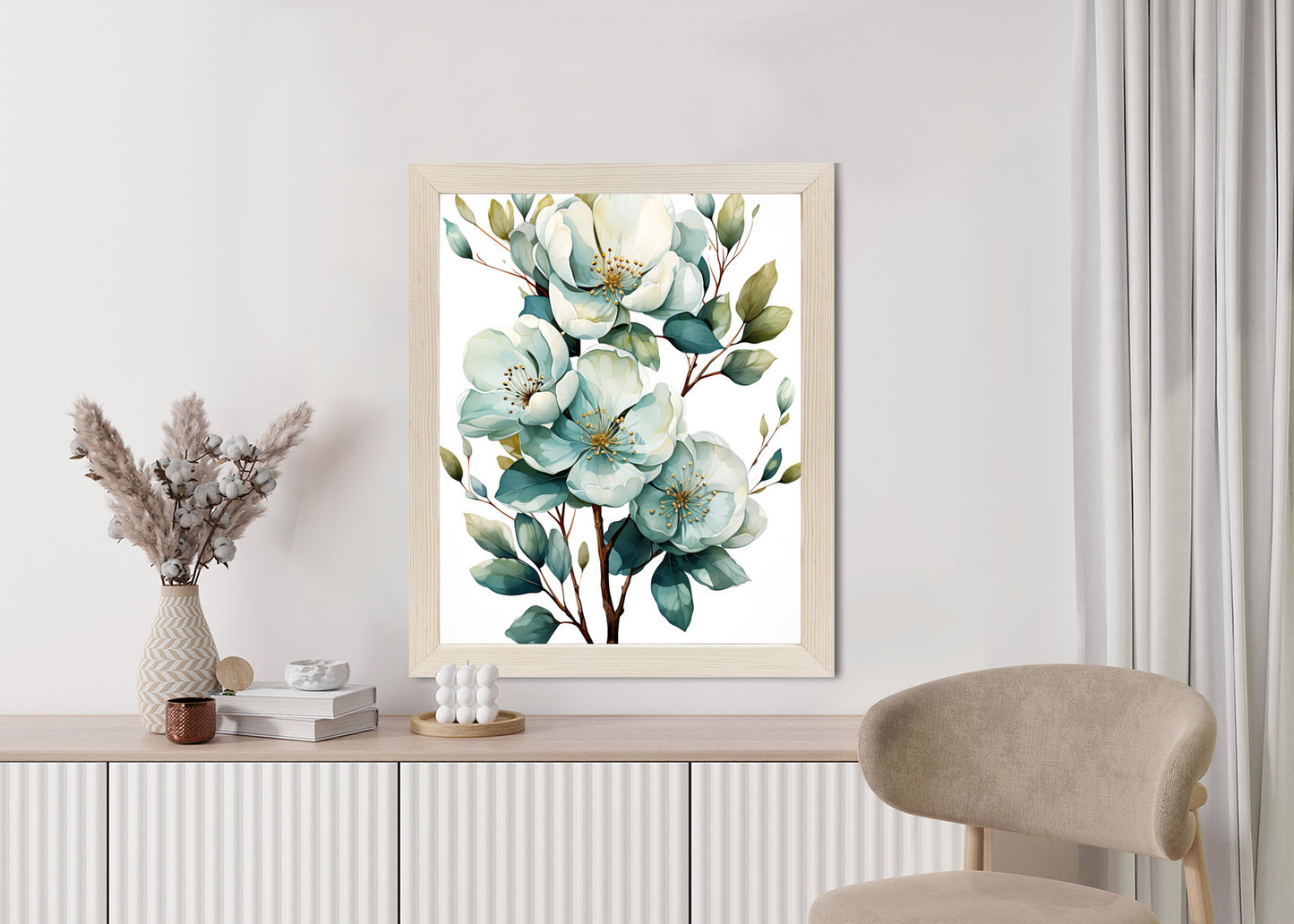 Poster Ein Strauß Weißer Blumen Rahmen Holz Mit Passepartout Farbe Natürlich