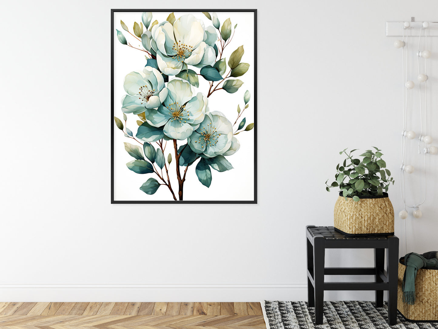Poster Ein Strauß Weißer Blumen Rahmen Holz Mit Passepartout Farbe Natürlich