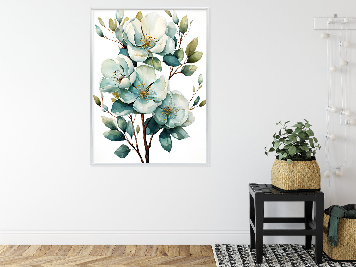 Poster Ein Strauß Weißer Blumen Rahmen Holz Mit Passepartout Farbe Natürlich