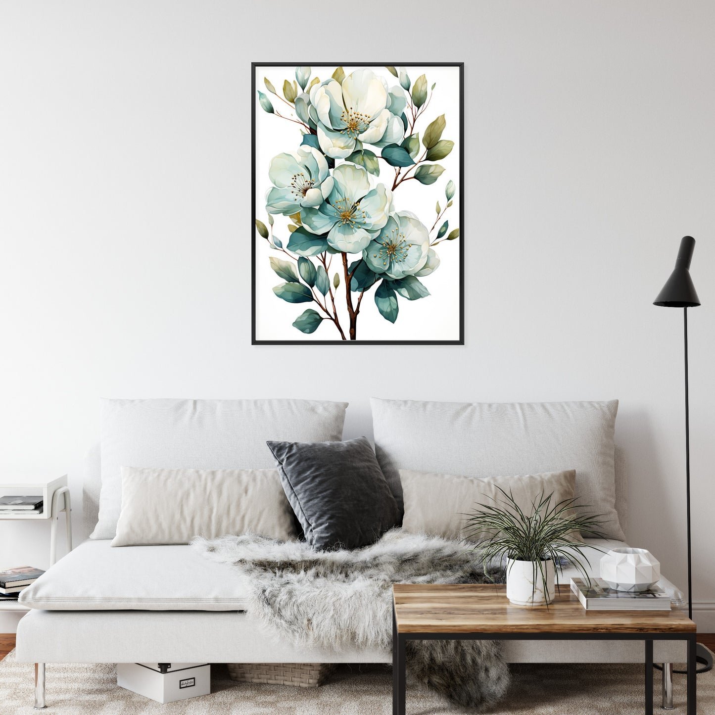 Poster Ein Strauß Weißer Blumen Rahmen Holz Mit Passepartout Farbe Natürlich