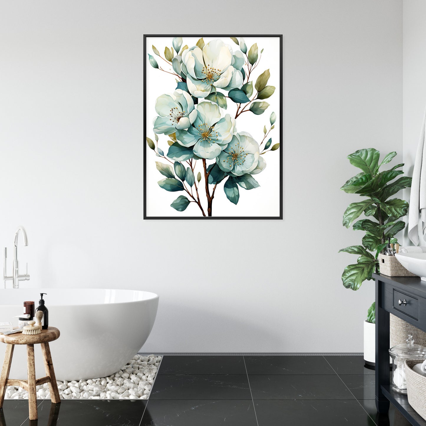 Poster Ein Strauß Weißer Blumen Rahmen Holz Mit Passepartout Farbe Natürlich