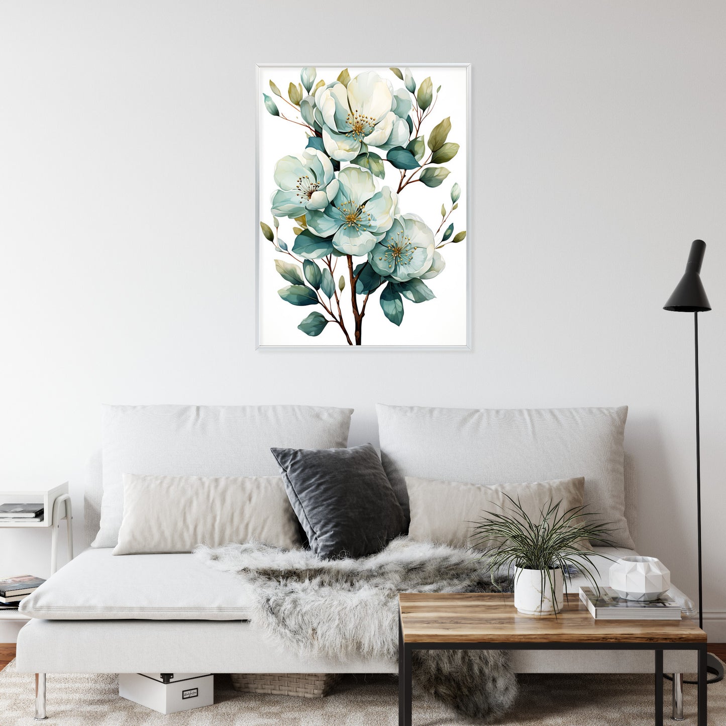 Poster Ein Strauß Weißer Blumen Rahmen Holz Mit Passepartout Farbe Natürlich