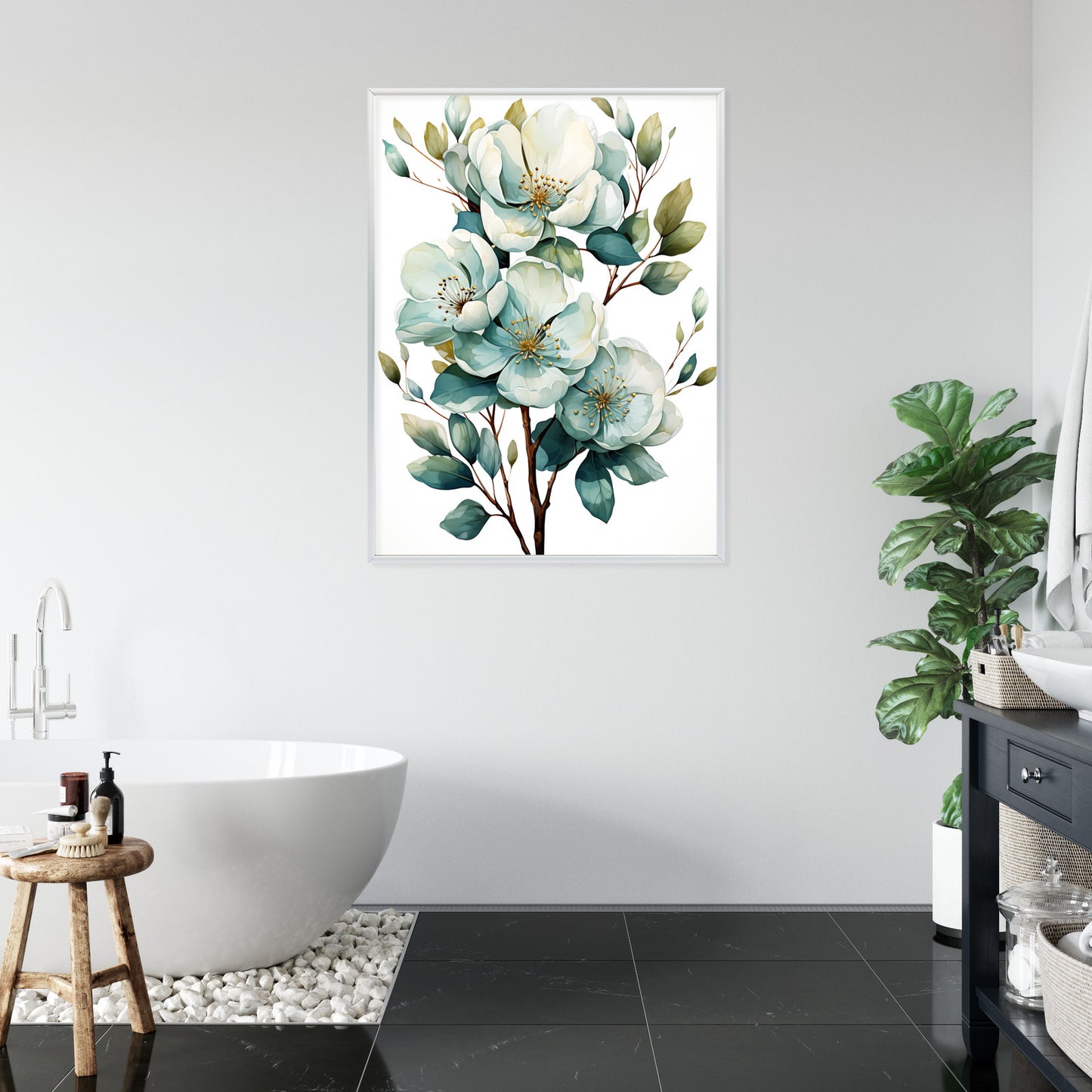 Poster Ein Strauß Weißer Blumen Rahmen Holz Mit Passepartout Farbe Natürlich