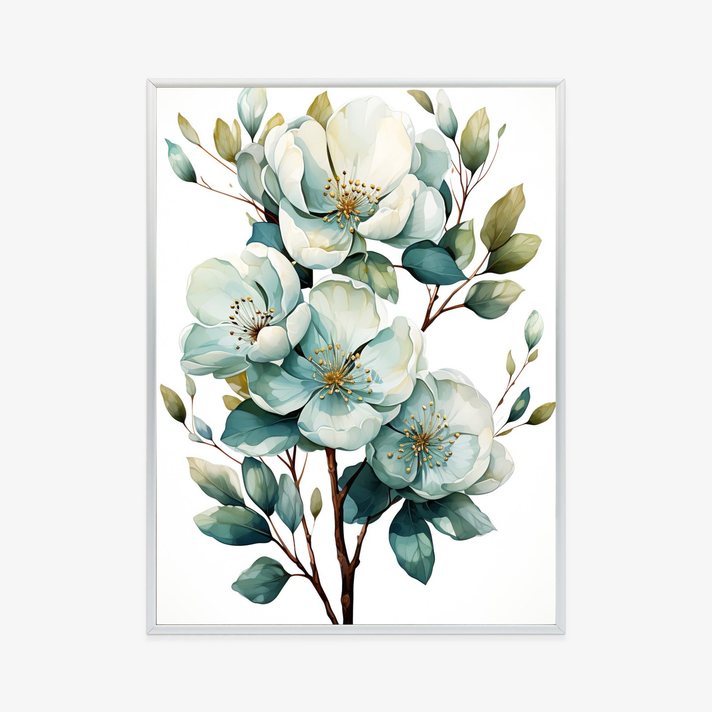 Poster Ein Strauß Weißer Blumen Rahmen Holz Mit Passepartout Farbe Natürlich