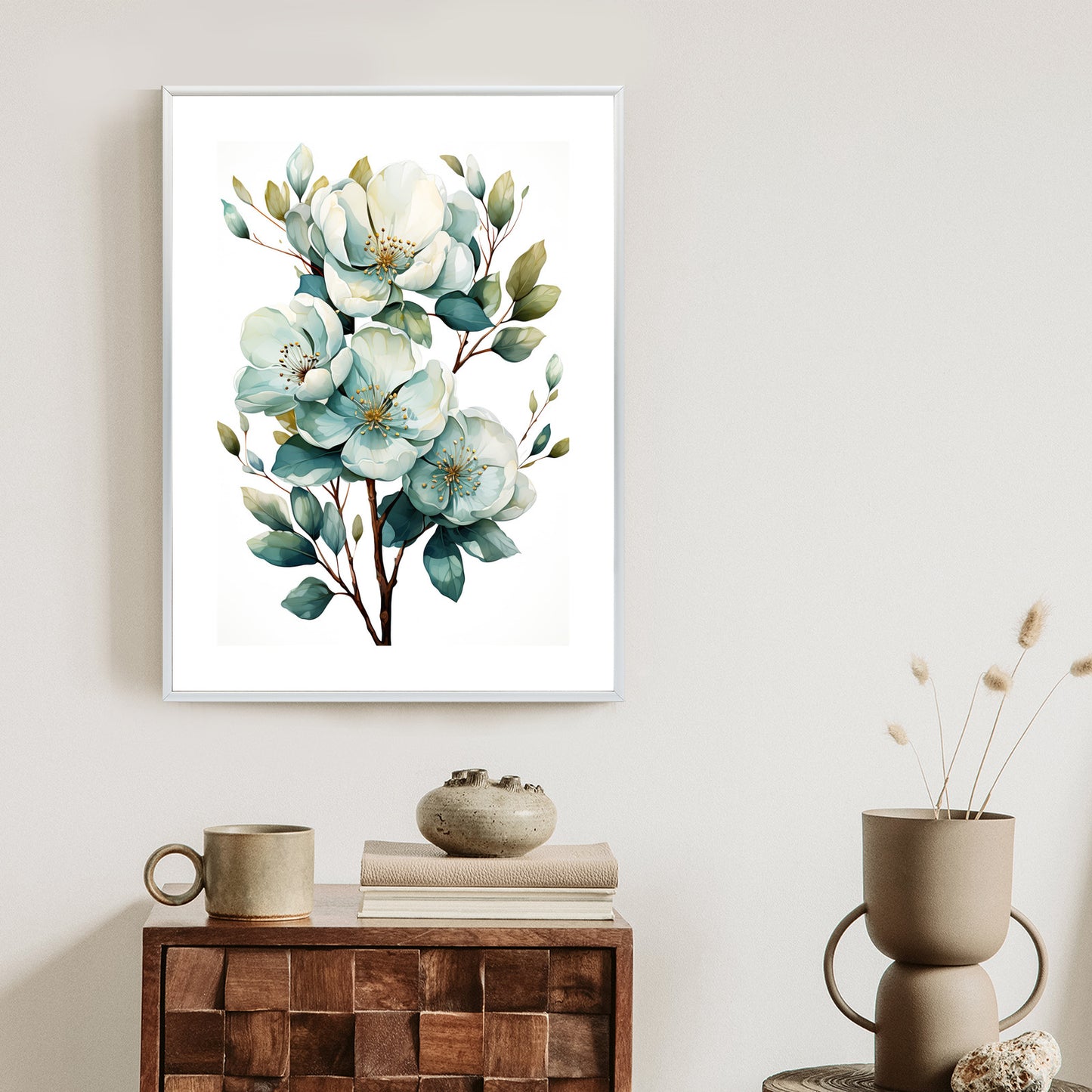 Poster Ein Strauß Weißer Blumen Rahmen Holz Mit Passepartout Farbe Natürlich