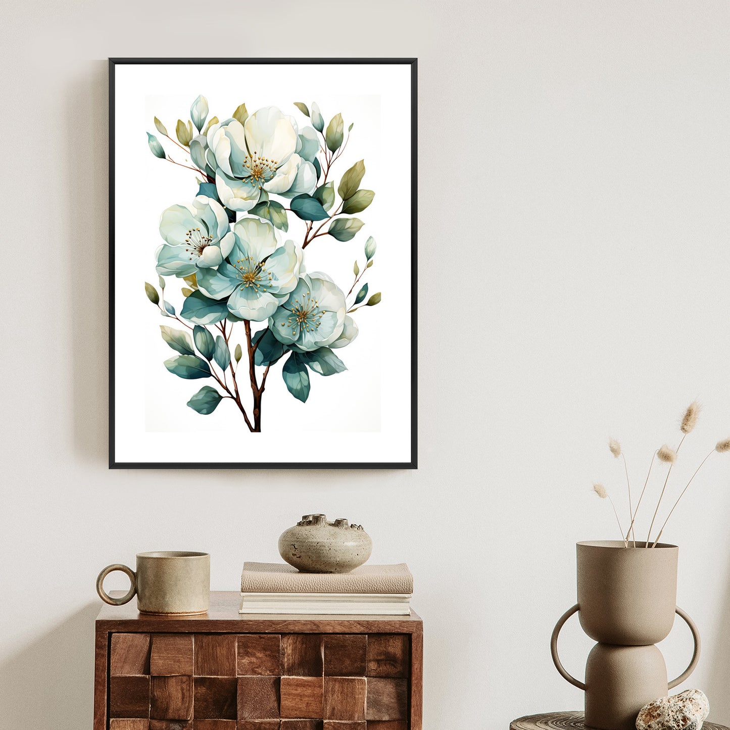 Poster Ein Strauß Weißer Blumen Rahmen Holz Mit Passepartout Farbe Natürlich