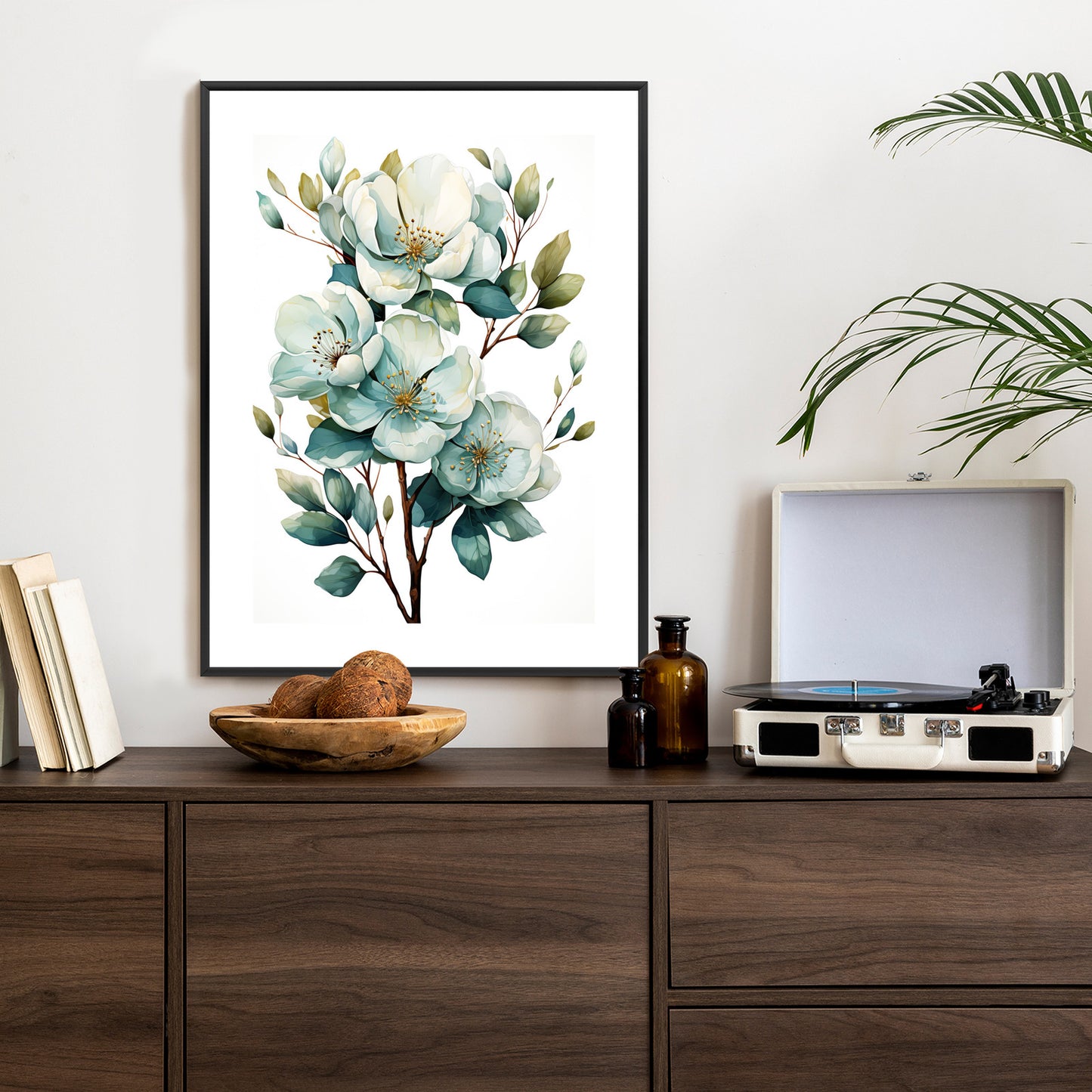 Poster Ein Strauß Weißer Blumen Rahmen Holz Mit Passepartout Farbe Natürlich