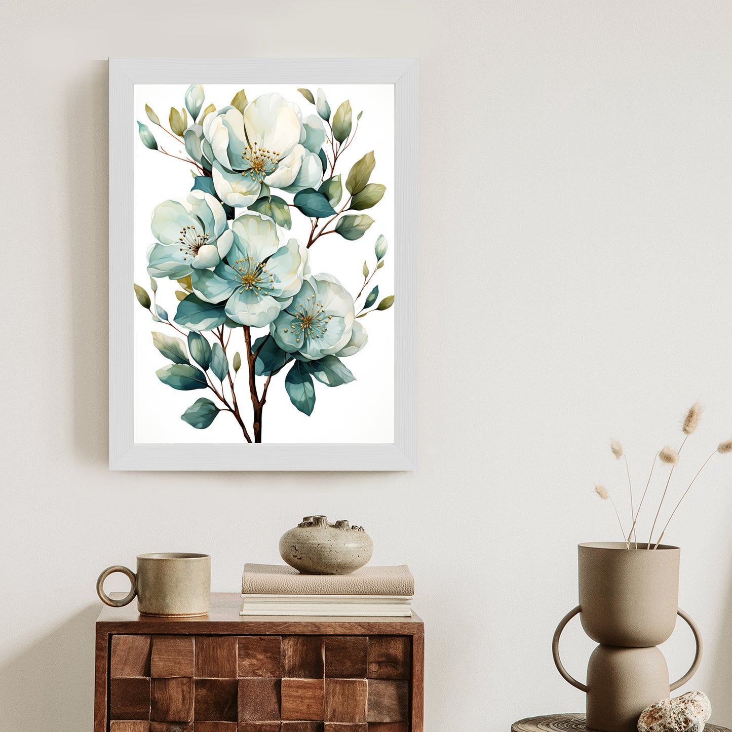 Poster Ein Strauß Weißer Blumen Rahmen Holz Mit Passepartout Farbe Natürlich