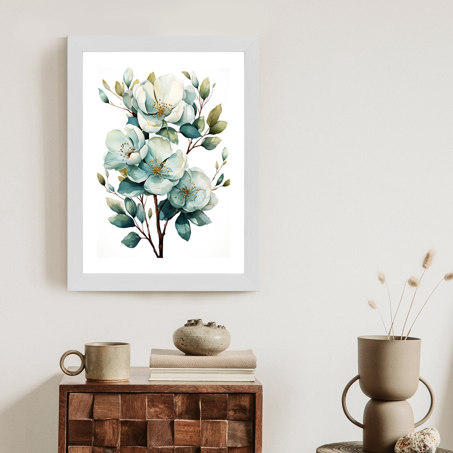 Poster Ein Strauß Weißer Blumen Rahmen Holz Mit Passepartout Farbe Natürlich