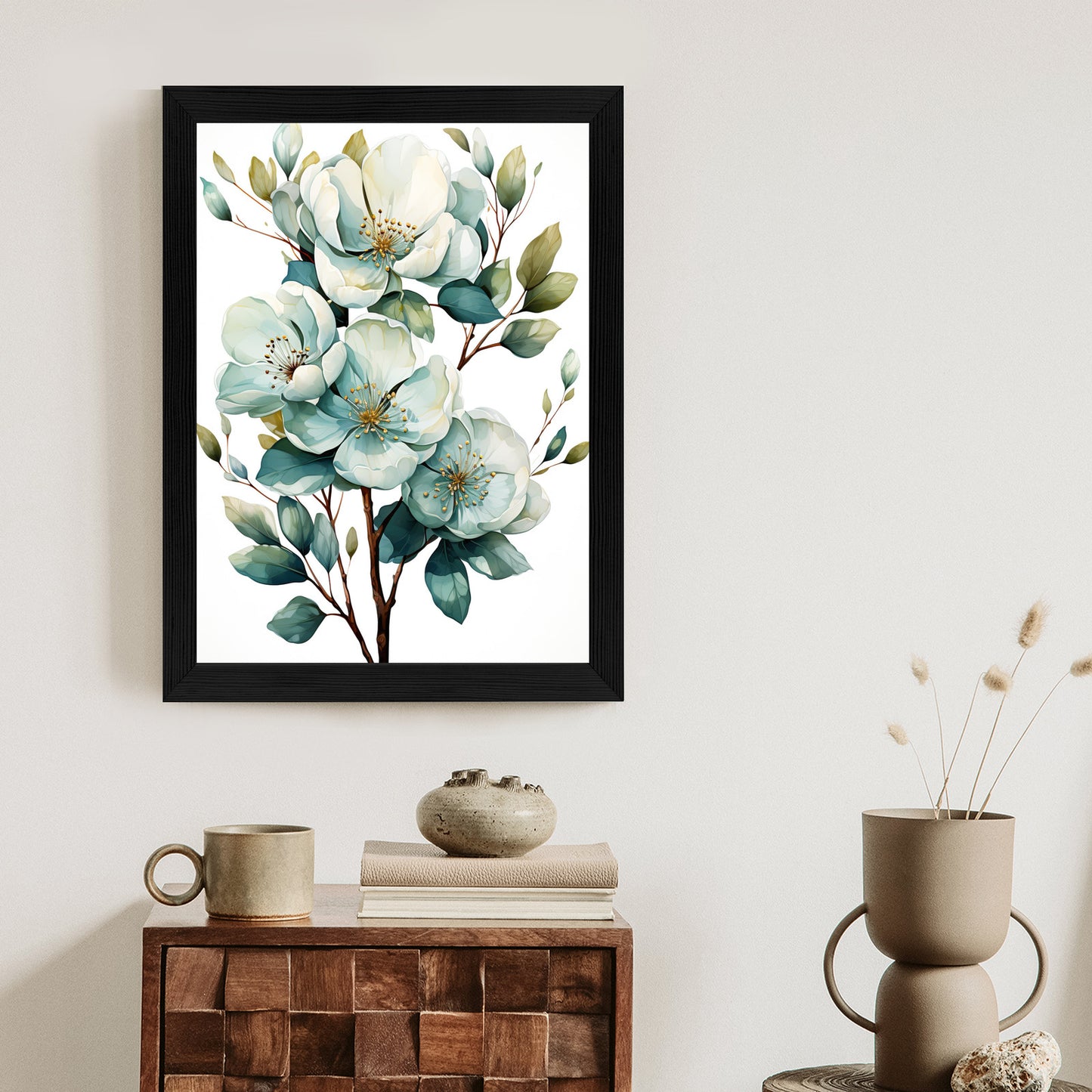 Poster Ein Strauß Weißer Blumen Rahmen Holz Mit Passepartout Farbe Natürlich
