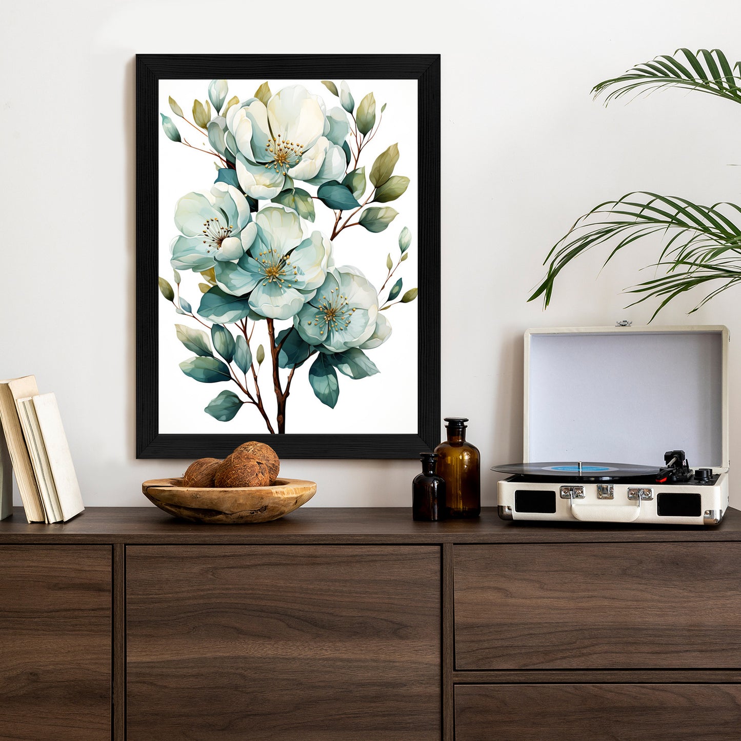 Poster Ein Strauß Weißer Blumen Rahmen Holz Mit Passepartout Farbe Natürlich