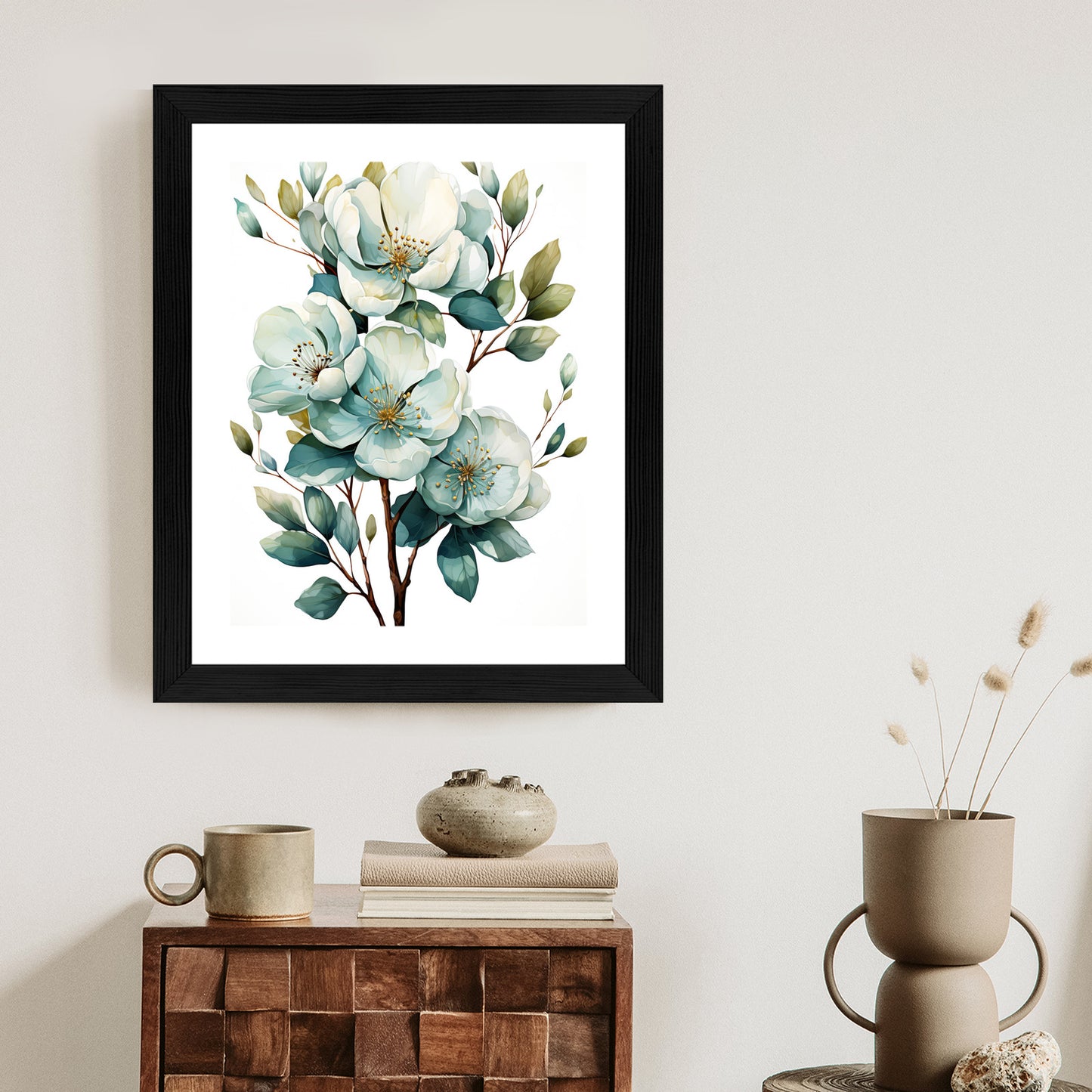 Poster Ein Strauß Weißer Blumen Rahmen Holz Mit Passepartout Farbe Natürlich