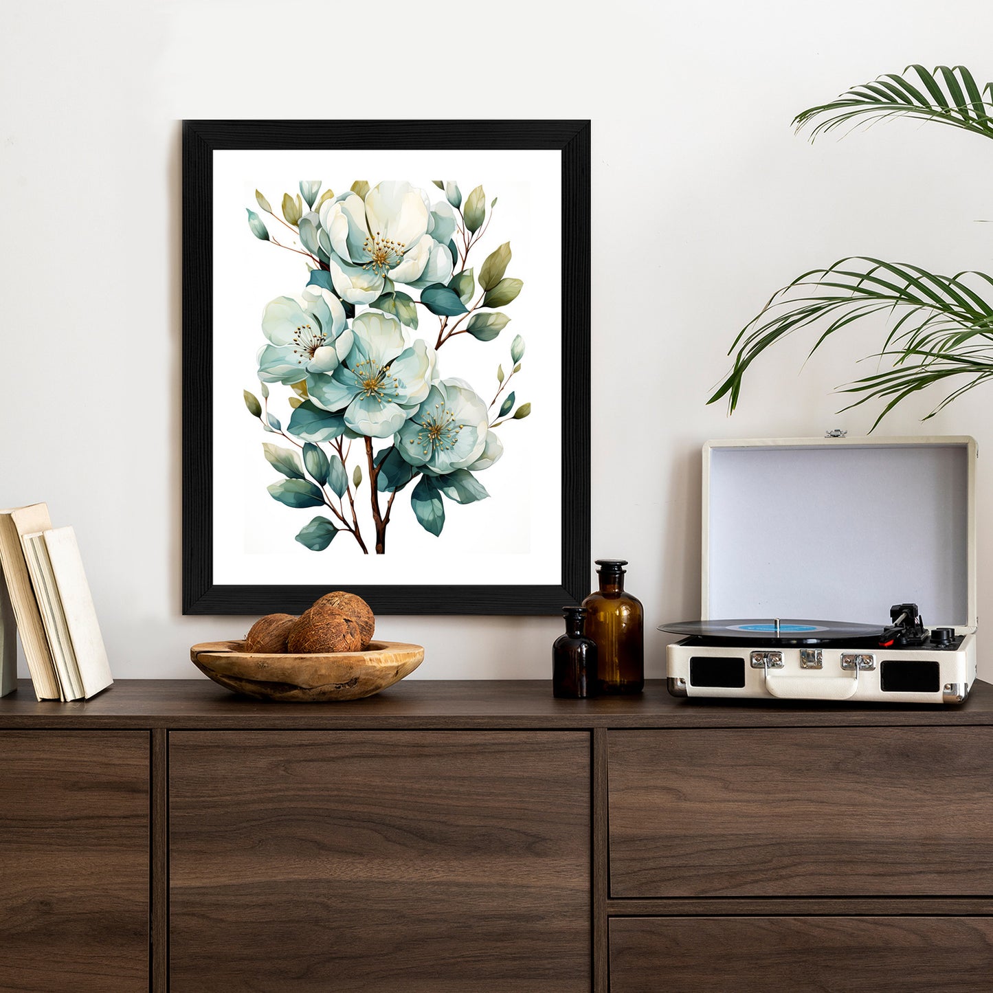 Poster Ein Strauß Weißer Blumen Rahmen Holz Mit Passepartout Farbe Natürlich