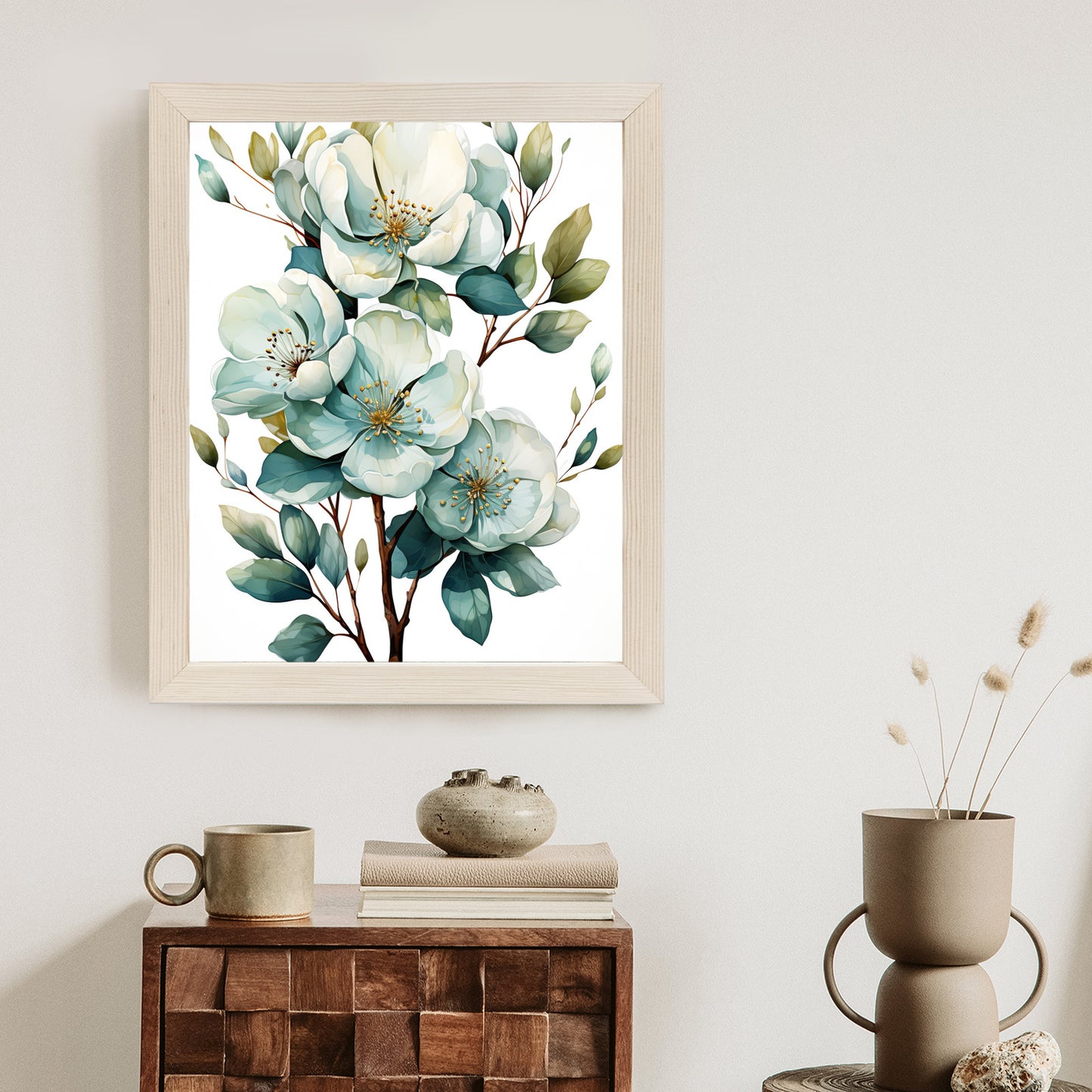 Poster Ein Strauß Weißer Blumen Rahmen Holz Mit Passepartout Farbe Natürlich