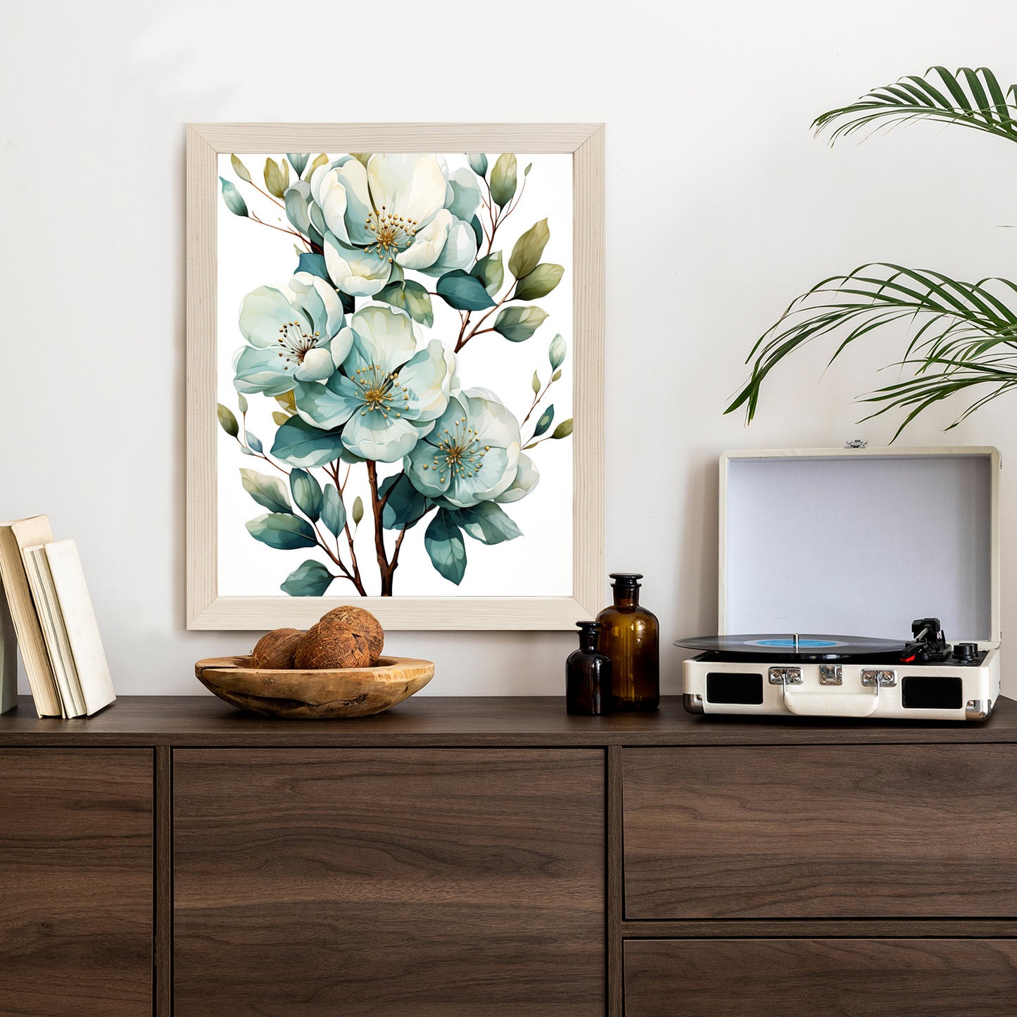 Poster Ein Strauß Weißer Blumen Rahmen Holz Mit Passepartout Farbe Natürlich