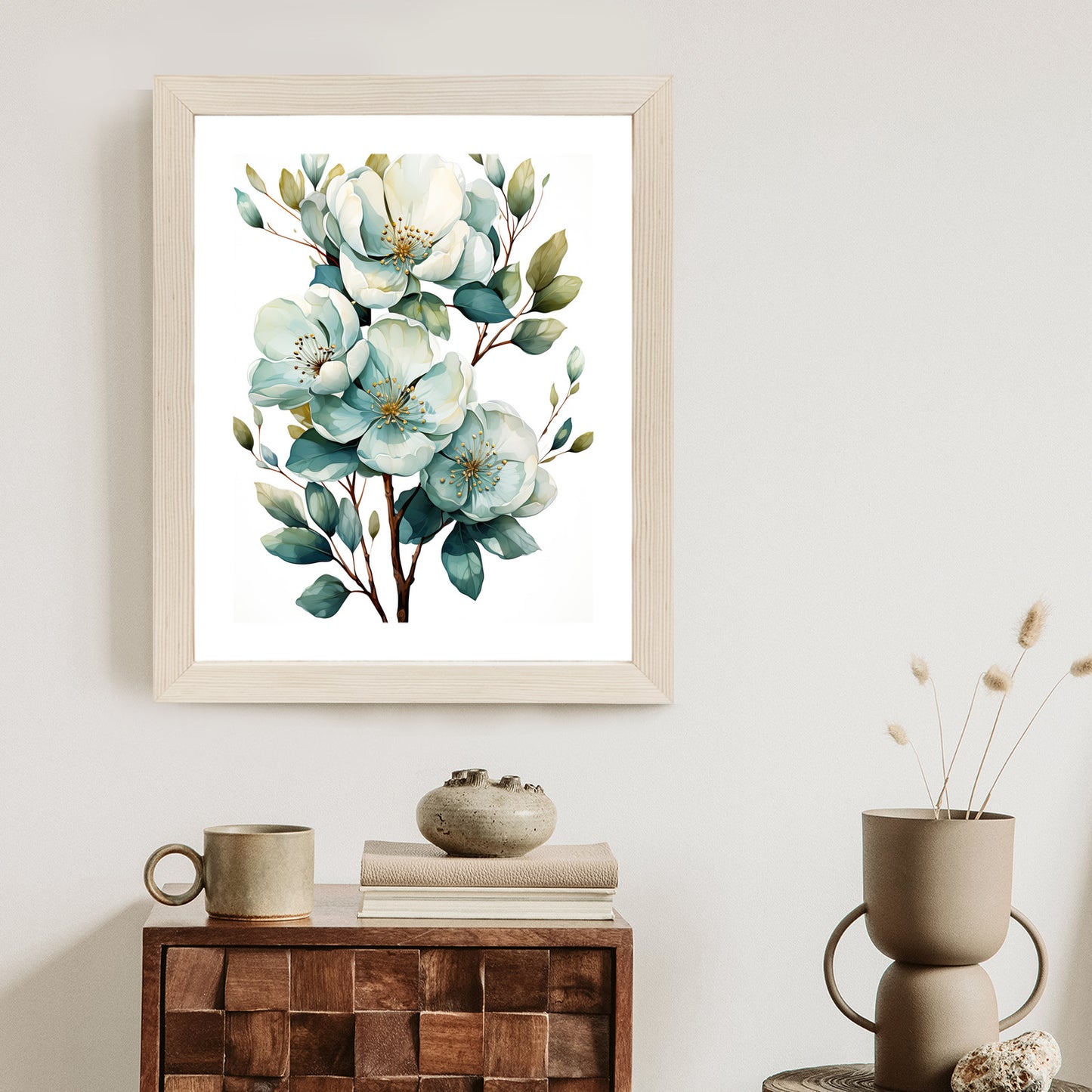 Poster Ein Strauß Weißer Blumen Rahmen Holz Mit Passepartout Farbe Natürlich