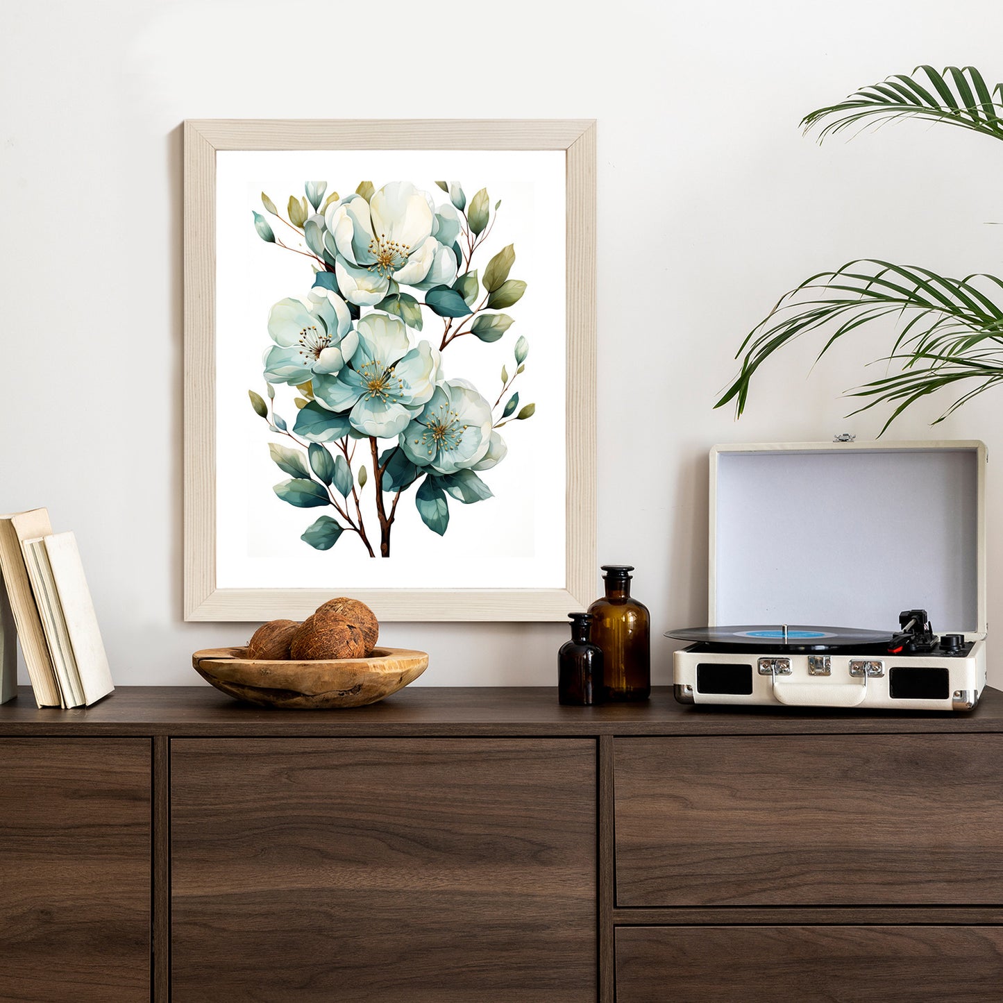 Poster Ein Strauß Weißer Blumen Rahmen Holz Mit Passepartout Farbe Natürlich
